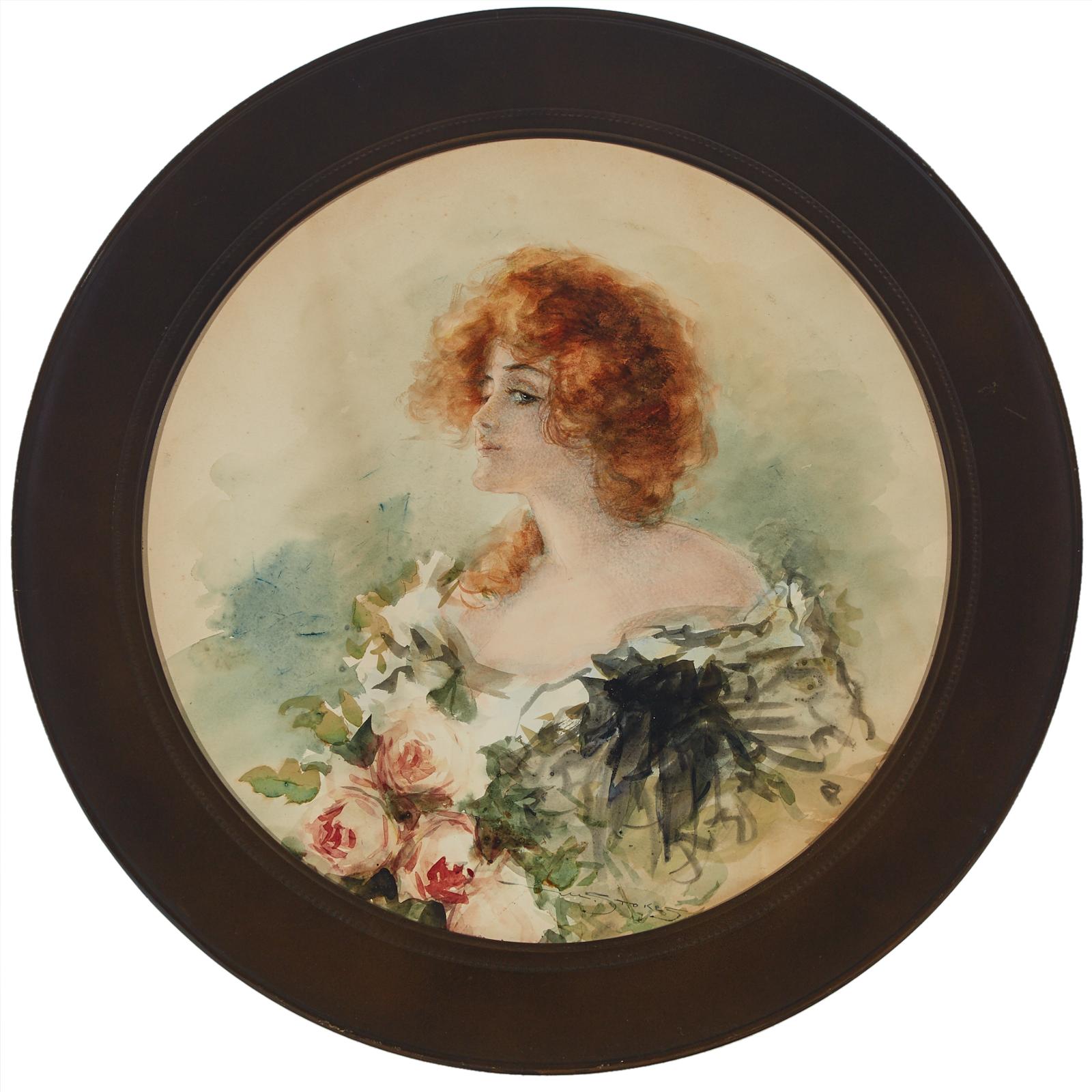 Marianne (Preindlsberger) Stokes (1855-1927) - A Profile Looking Left With Roses; A Profile Looking Right With Roses