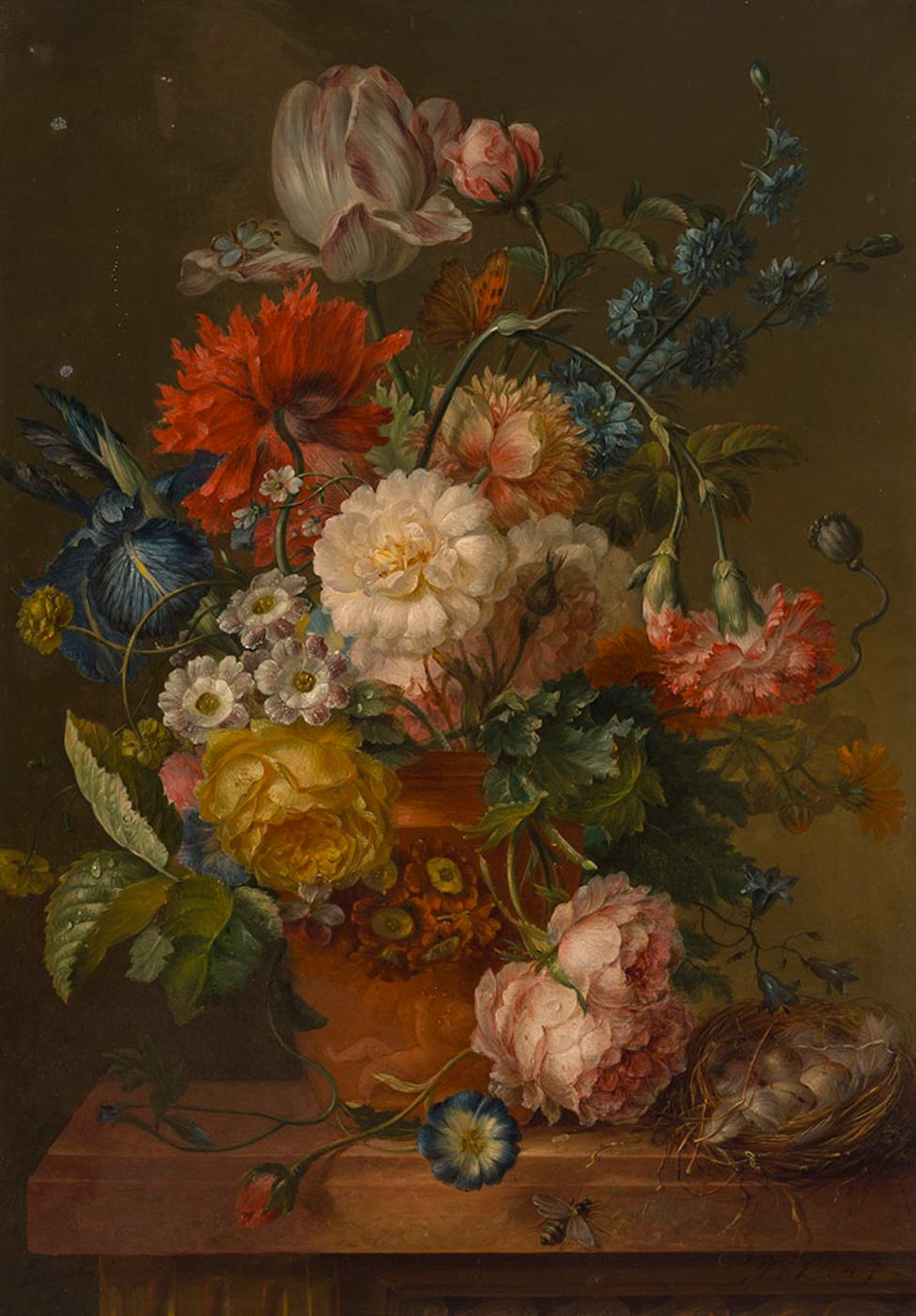 Willem van Leen (1753-1825) - Still Life with Flowers and Bird's Nest