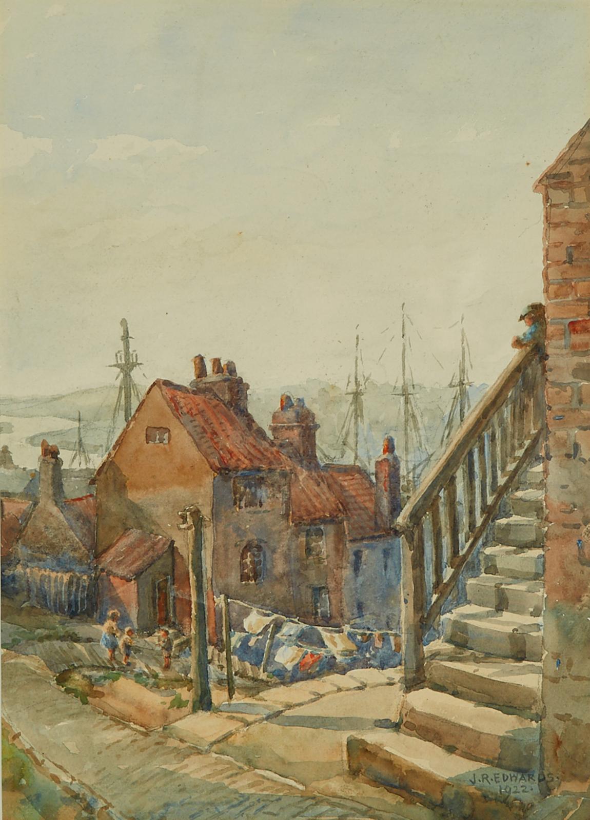 J.R. Edwards - Children Playing Outside Cottages On Washday, Whitby, 1922