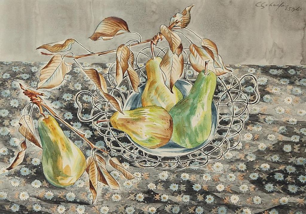 Carl Fellman Schaefer (1903-1995) - Pears And Wire Basket On A Printed Cloth