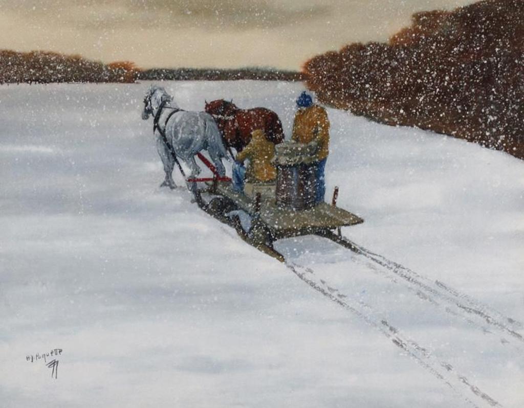 Armand J. Paquette (1930) - Horse Team Hauling A Sled With Barrel