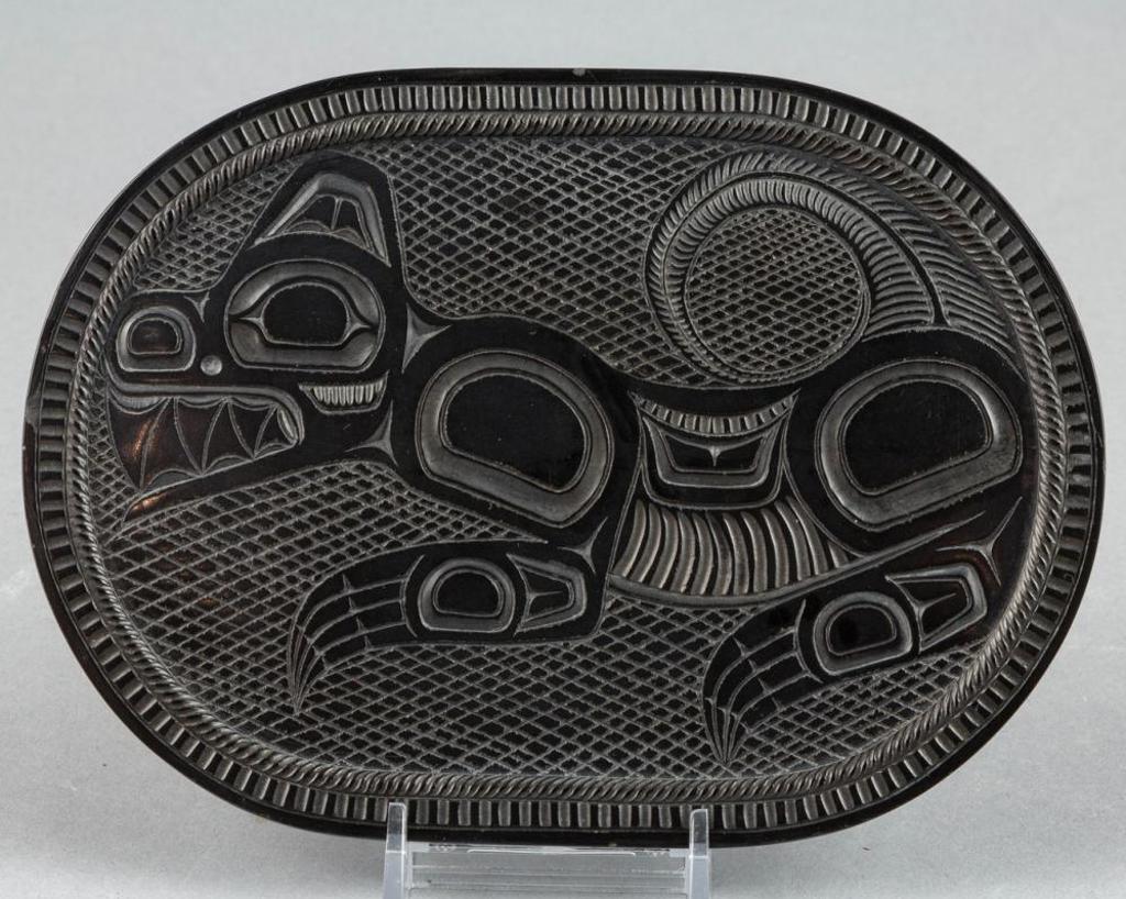 Ed Simeon - an oval argillite dish decorated with Wolf design