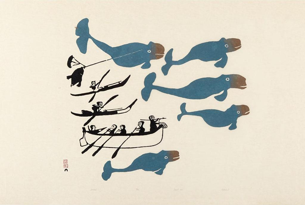 Kiakshuk (1886-1966) - Untitled (Kayaks, Umiaks, 5 Whales)