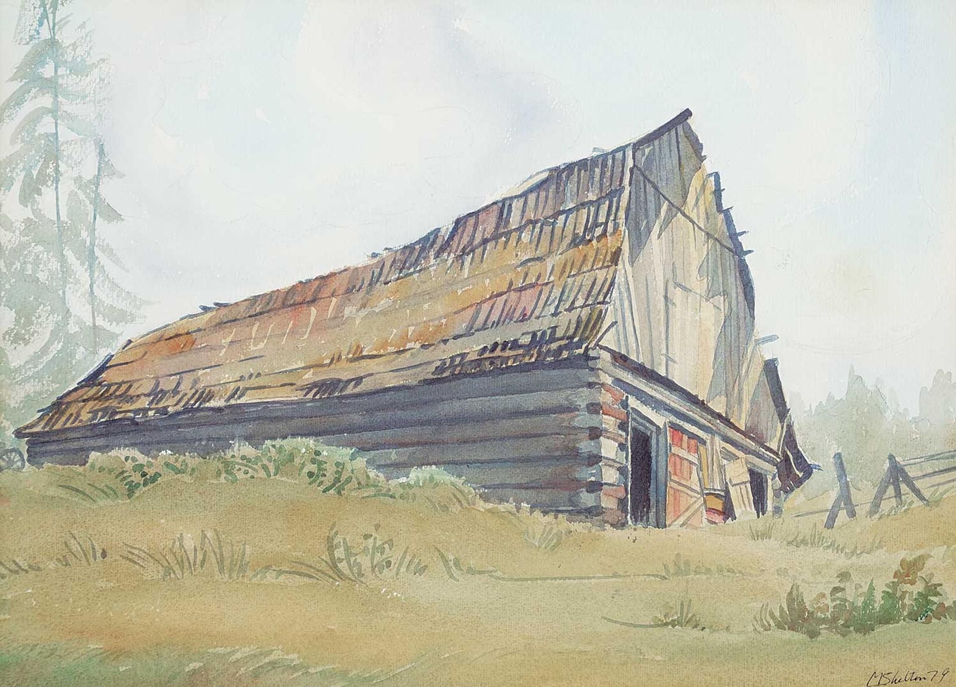 Margaret Dorothy Shelton (1915-1984) - Barn with Shake Roof and Two Evergreens