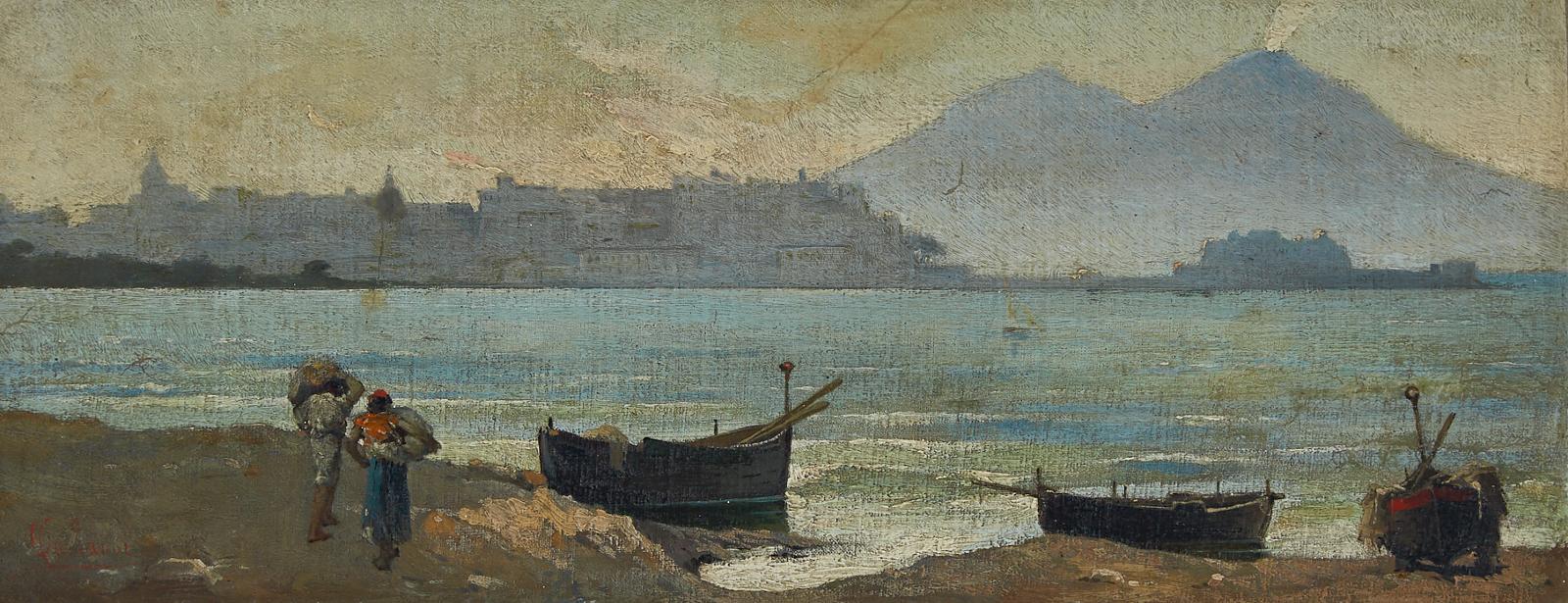 Onorato Carlandi (1848-1939) - View Of Naples Harbour With Mt. Vesuvius In Distance