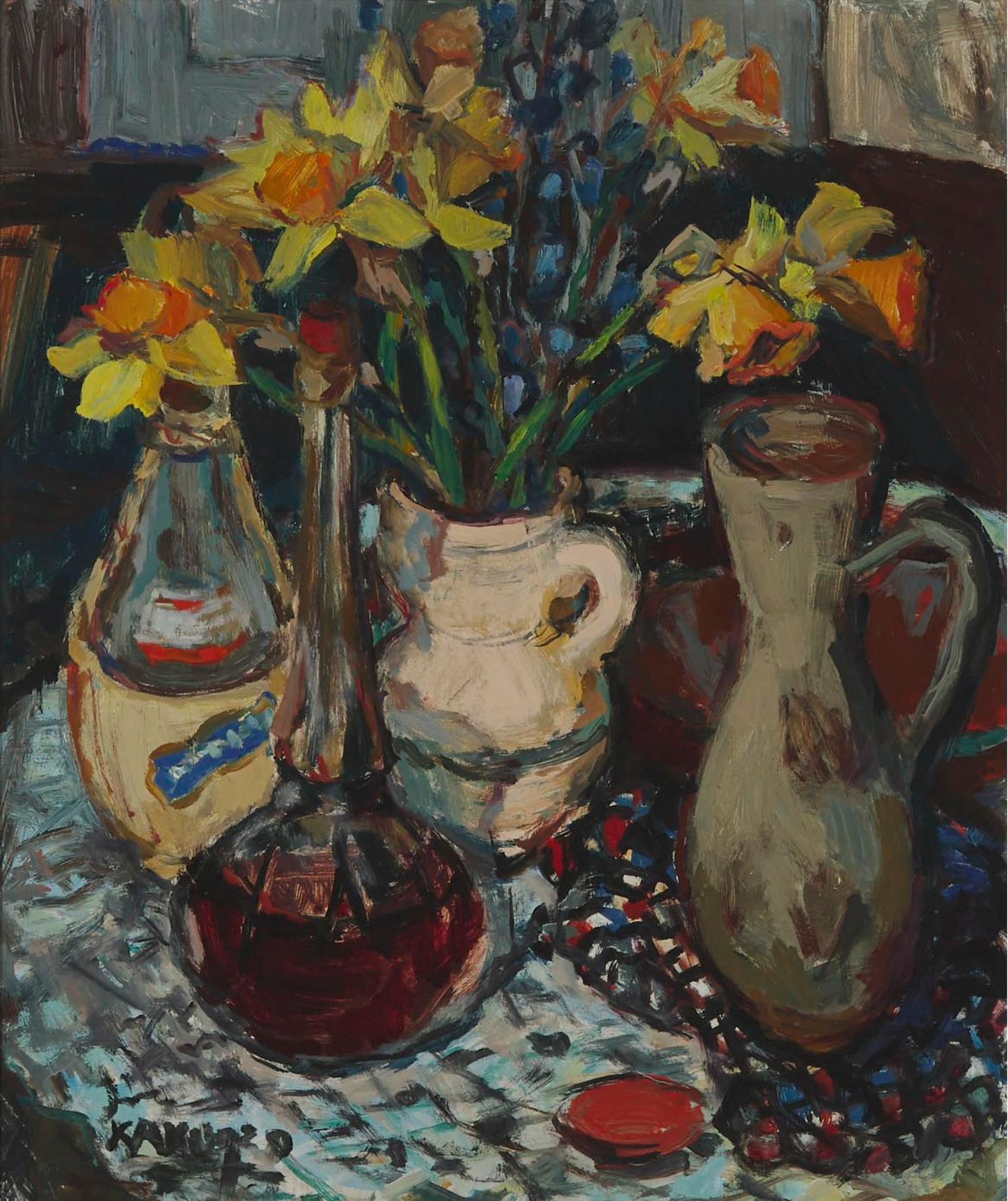 Dalma Kakusz (1914-1991) - Table With Vase Of Daffodils And Wine