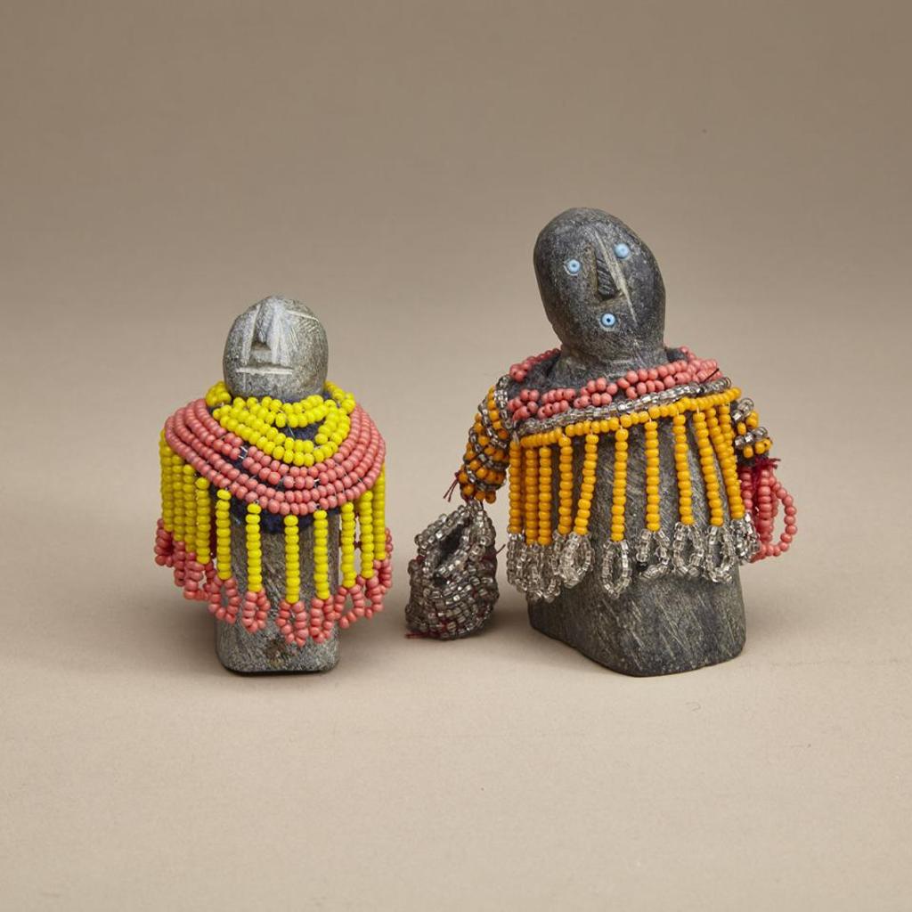 Eva Talooki Aliktiluk (1927-1995) - Two Inuit Women In Decorated Dress, One With Inset Eyes Holding A Bag