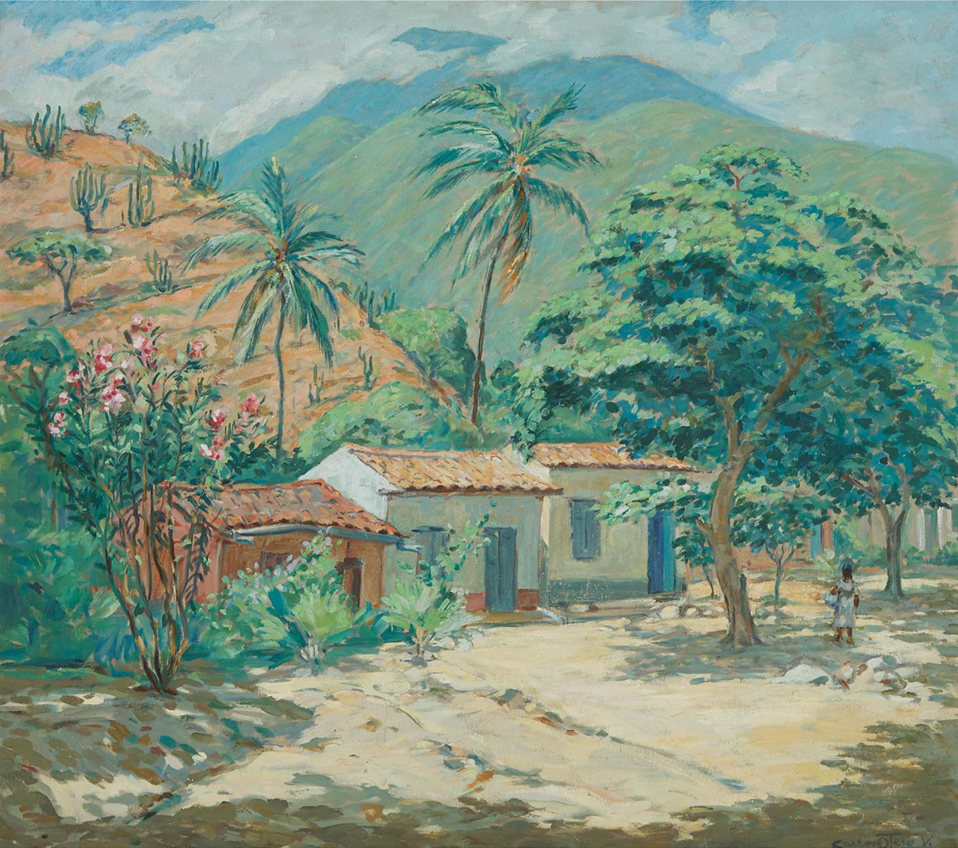 Carlos Otero (1886-1977) - Sunny Village Houses With Young Girl In The Shade, 1942