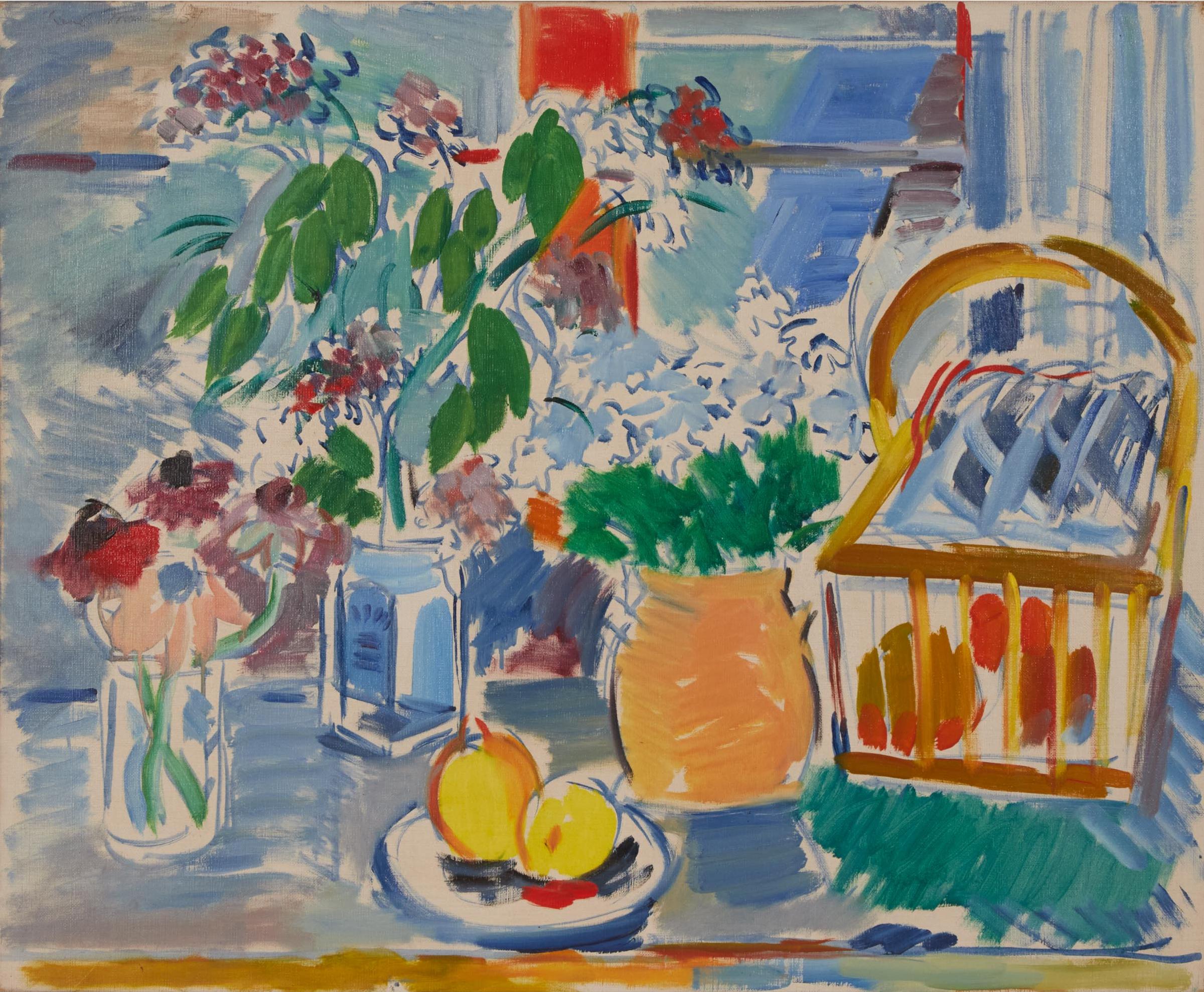 René Marcil (1917-1993) - Lilac, Anemones And Fruit In Basket, 1954