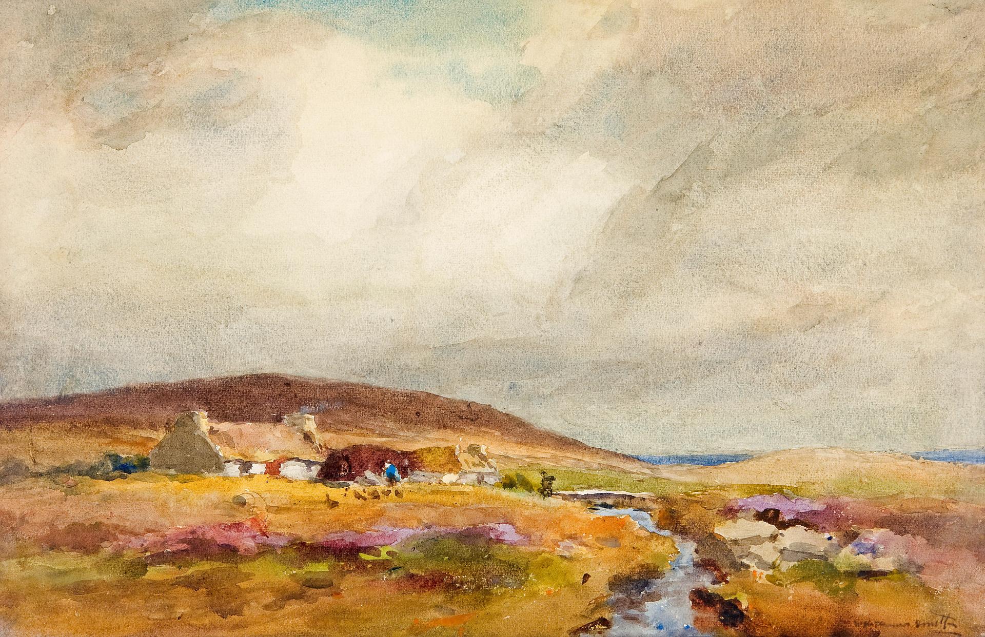 William St. Thomas Smith (1862-1947) - Cottages by a stream on the moors