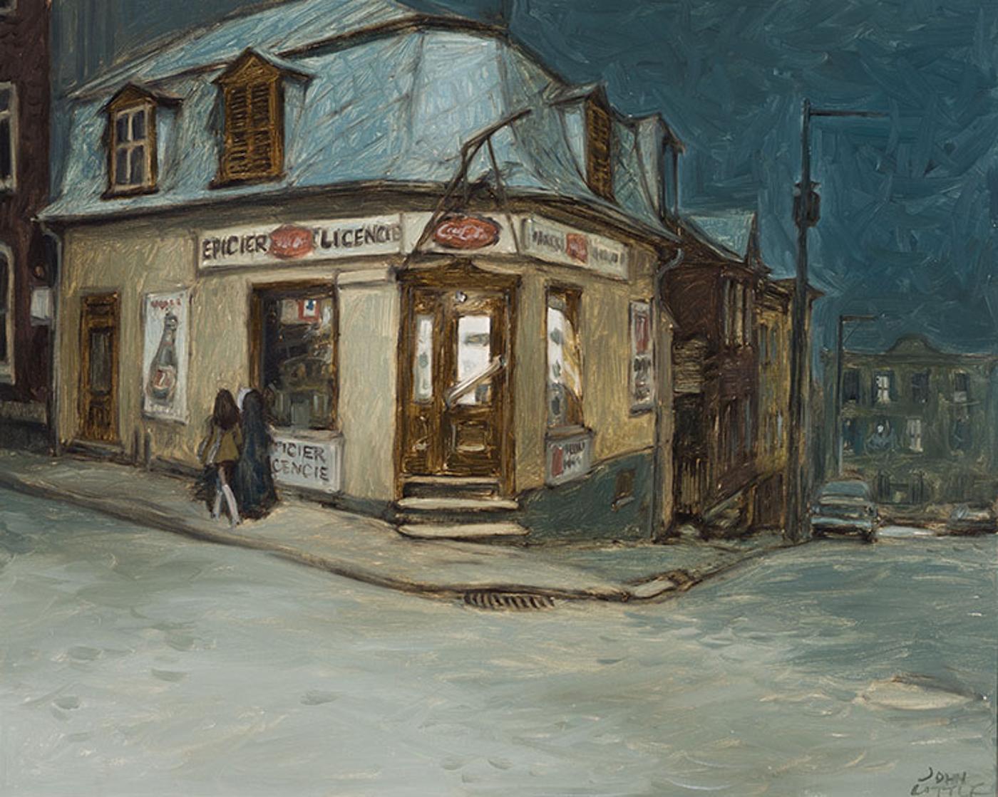 John Geoffrey Caruthers Little (1928-1984) - Une nuit d'octobre, l'été indien, épicerie coin Sutherland et Latourelle, Québec