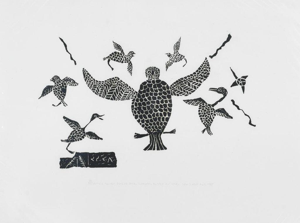 Josie Pamiutu Papialuk (1918-1996) - An Owl Being Teased By Young Snow Geese
