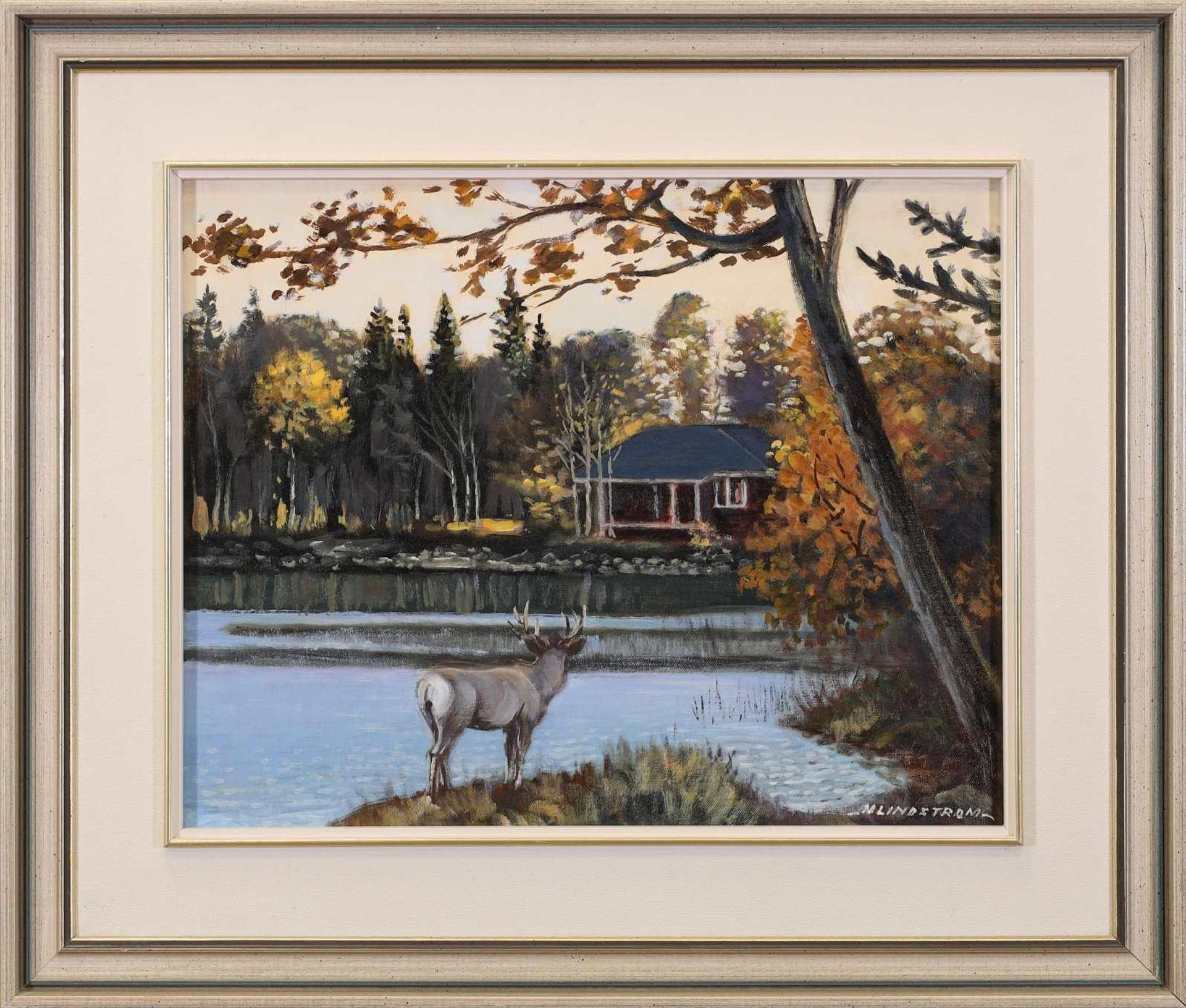 Matt Lindstrom (1890-1975) - Untitled, Deer Overlooking a Lakeside Cabin