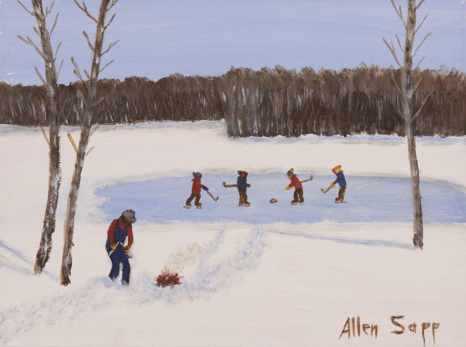 Allen Fredrick Sapp (1929-2015) - Making A Fire While The Boys Play Hockey