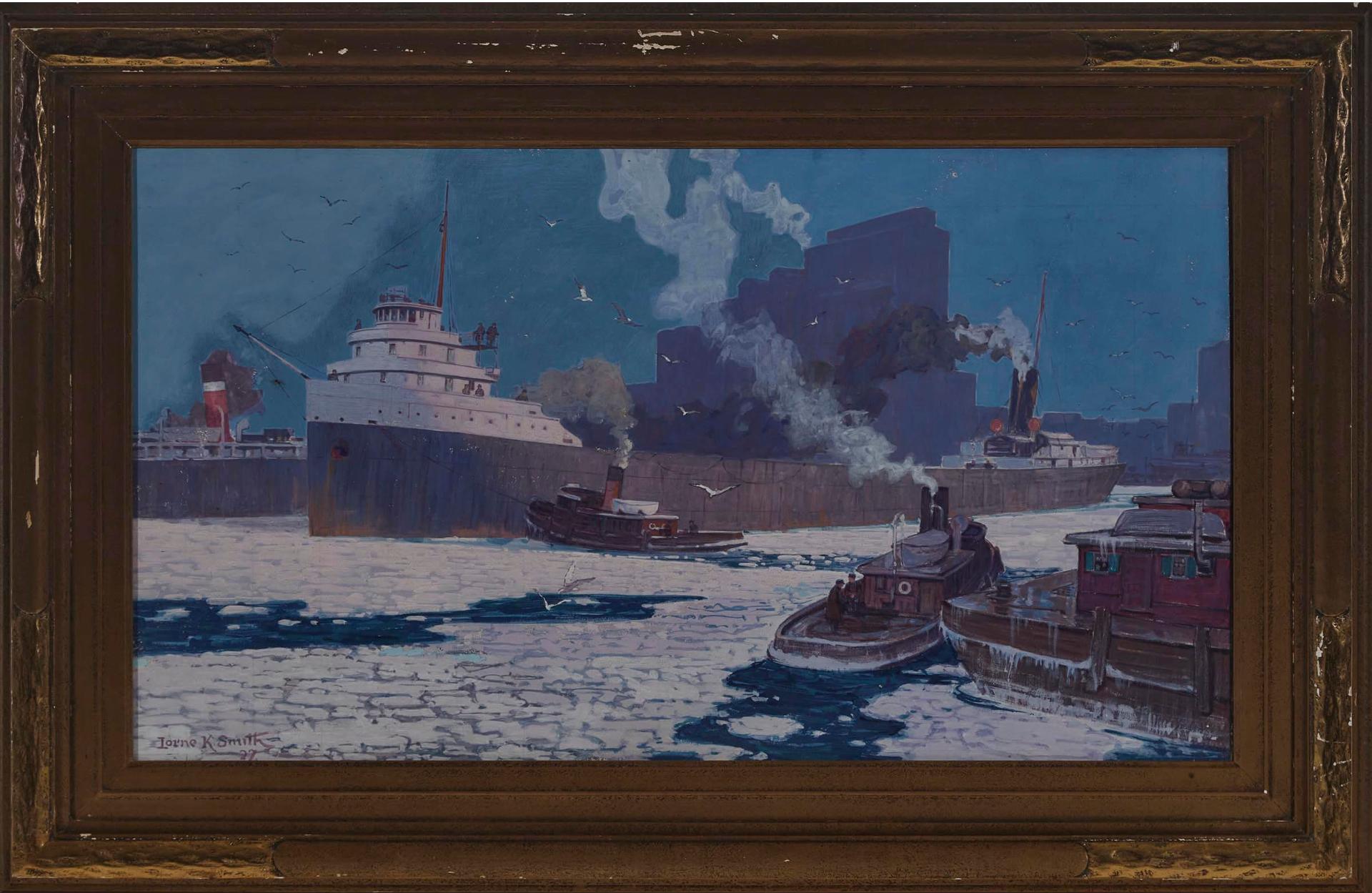 Lorne Kidd Smith (1880-1966) - Harbour Scene With Shipping And Tug Boats