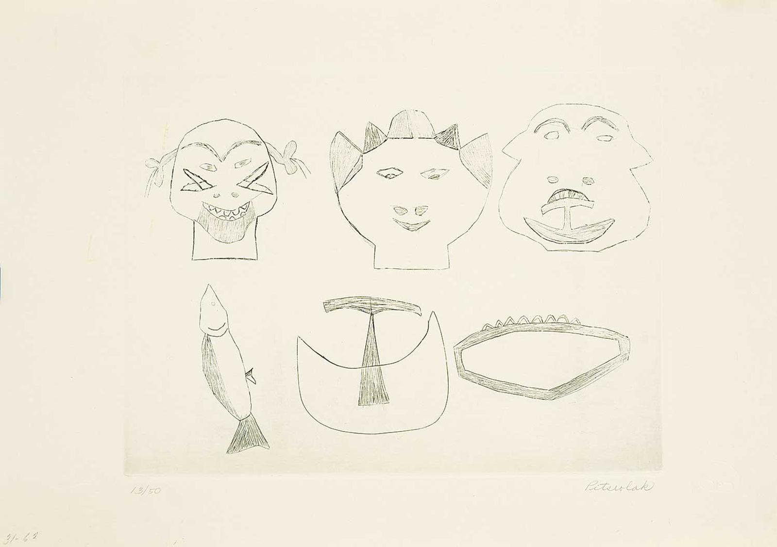 Pitseolak - Untitled - Three Tattooed Faces and Three Objects  #13/50