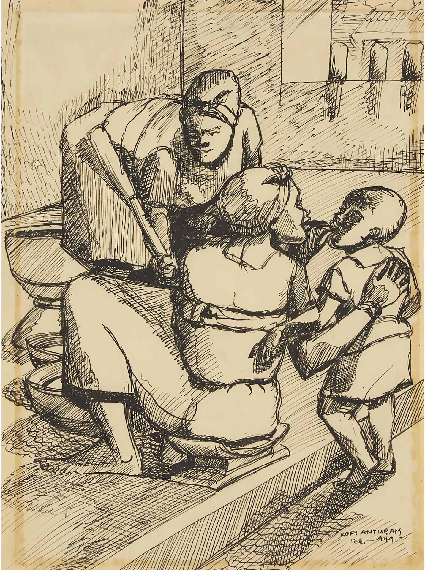 Kofi Antubam - No. 3, An Akan Mother Cleans Her Daughter's Teeth, 1949