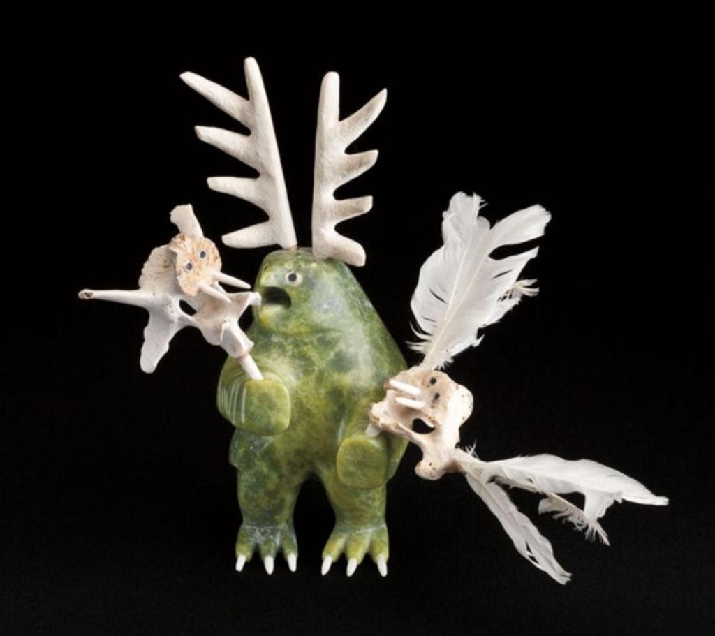 Padlaya Qiatsuk (1965) - Bird-Shaman, green stone, antler, ivory, bone, feathers