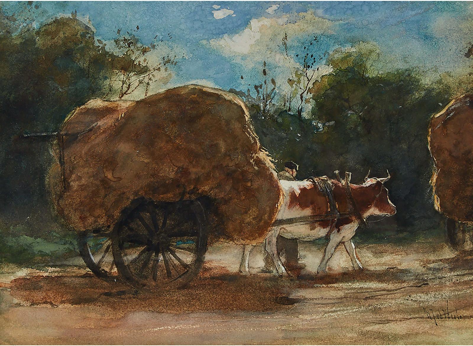 Herman Johannes Van Der Weele (1852-1930) - Farmer Leading An Oxen With Hay Loaded Cart