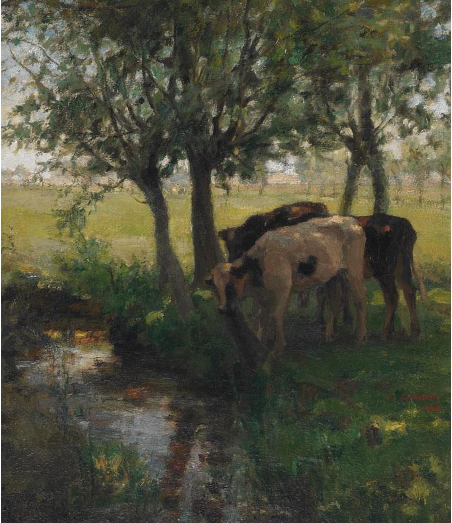 James Lillie Graham (1873-1970) - Cattle Watering By A Stream