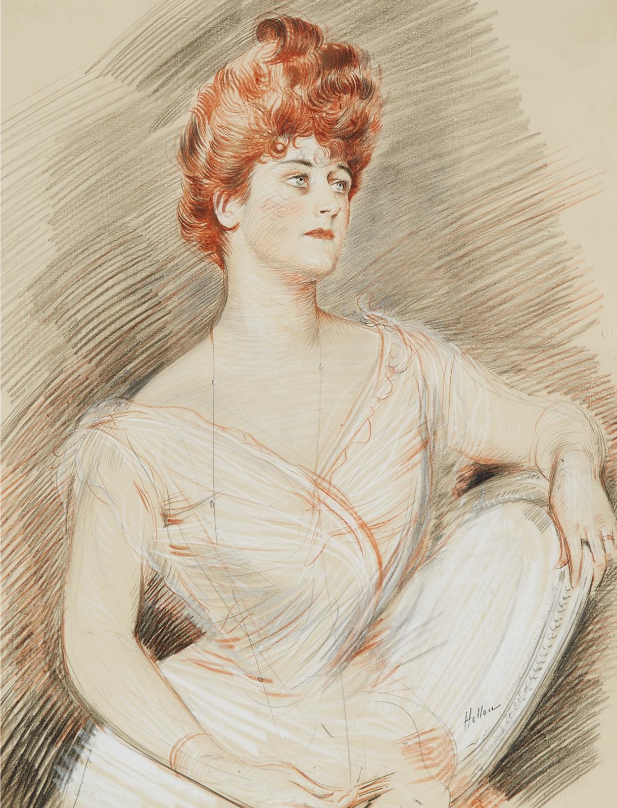 Paul César Helleu (1859-1927) - Elegant Lady With Upswept Red Hair Seated In A Chair