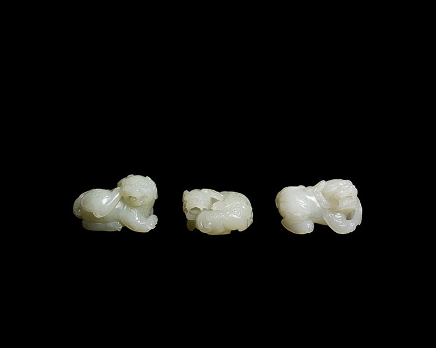 Chinese Art - Three Chinese Jade Carved Fu-Lions, 19th Century