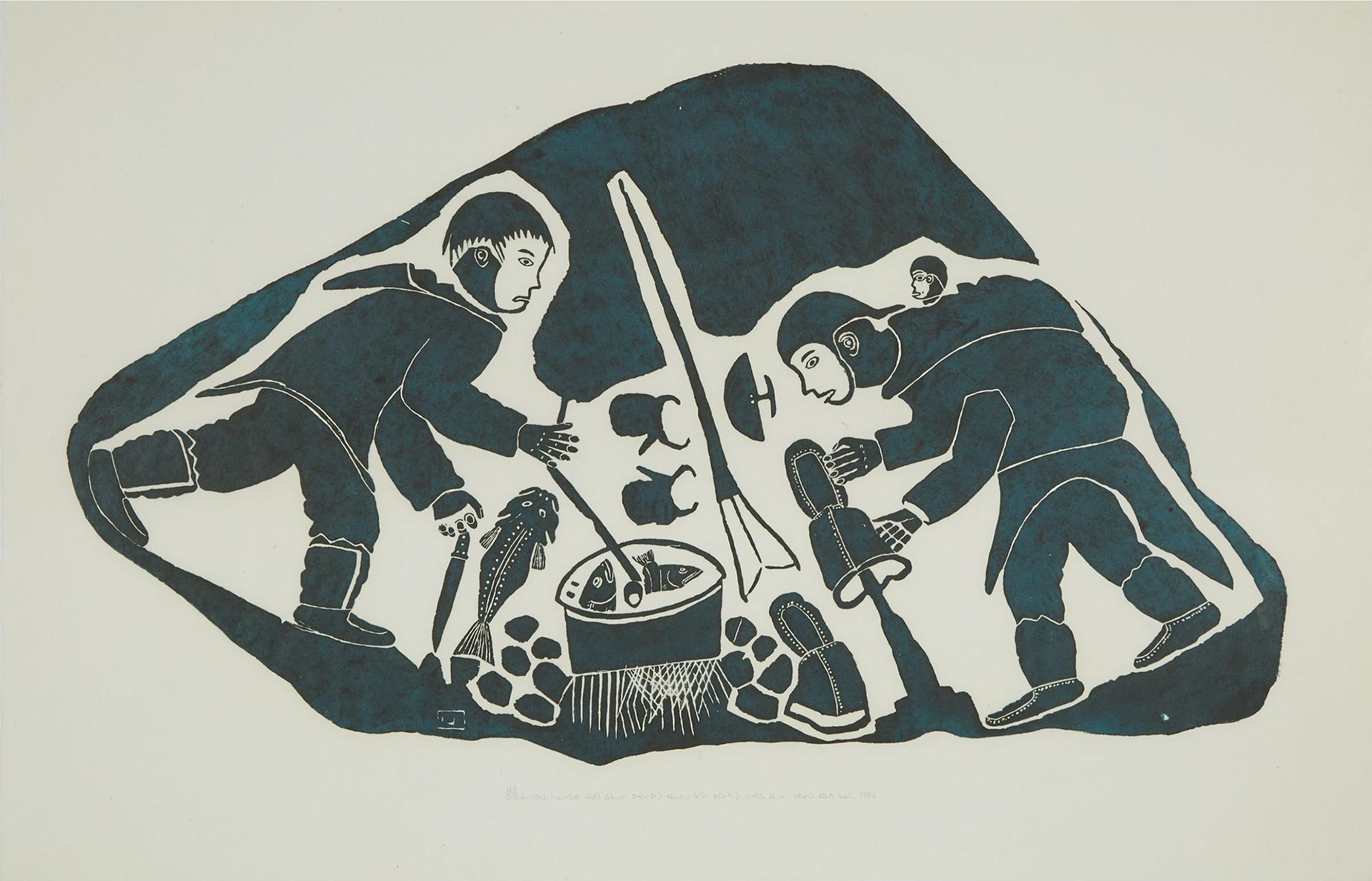 Levi Qumaluk (1919-1997) - A Man Cooks Fish As His Wife Softens Kamiks, 1986