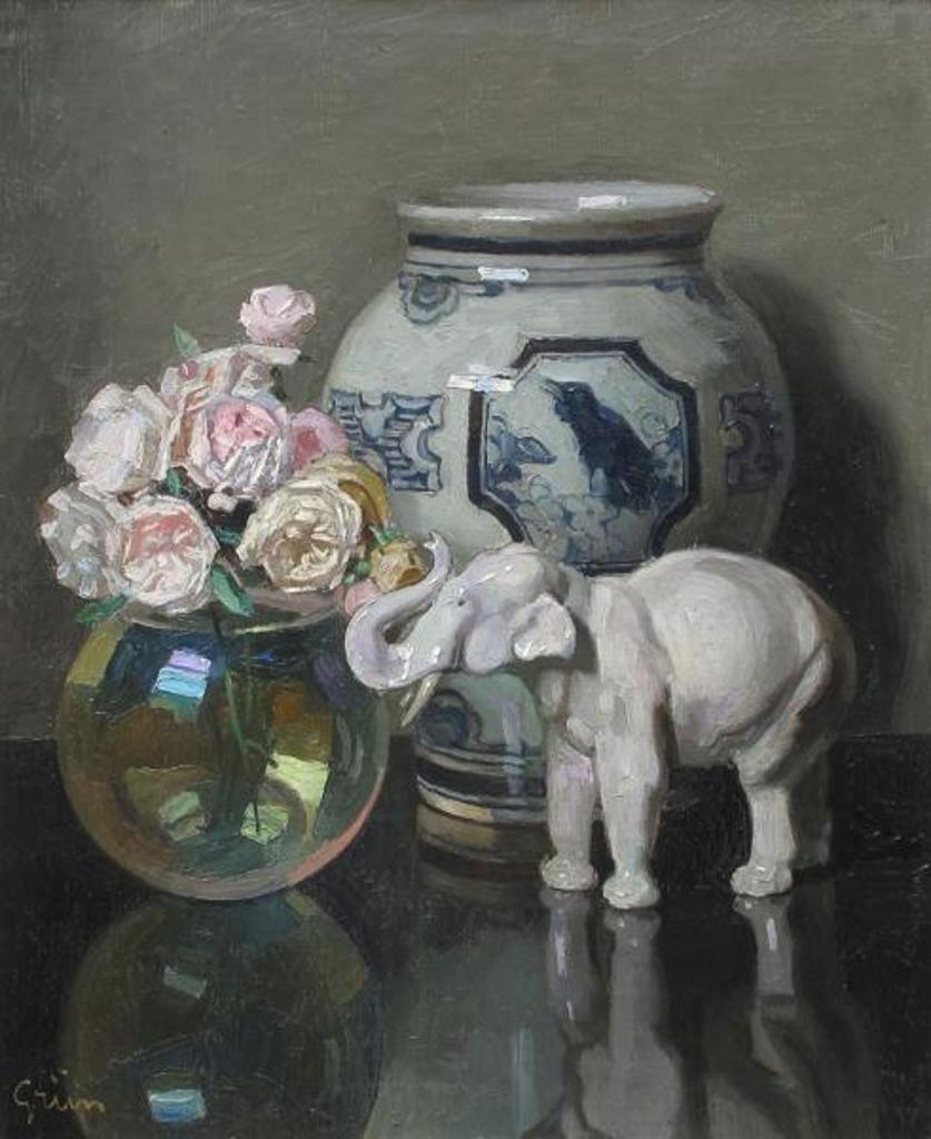 Jules Alexandre Grun (1868-1934) - Still Life With Urn, Porcelain Elephant And Roses In A Glass Bowl