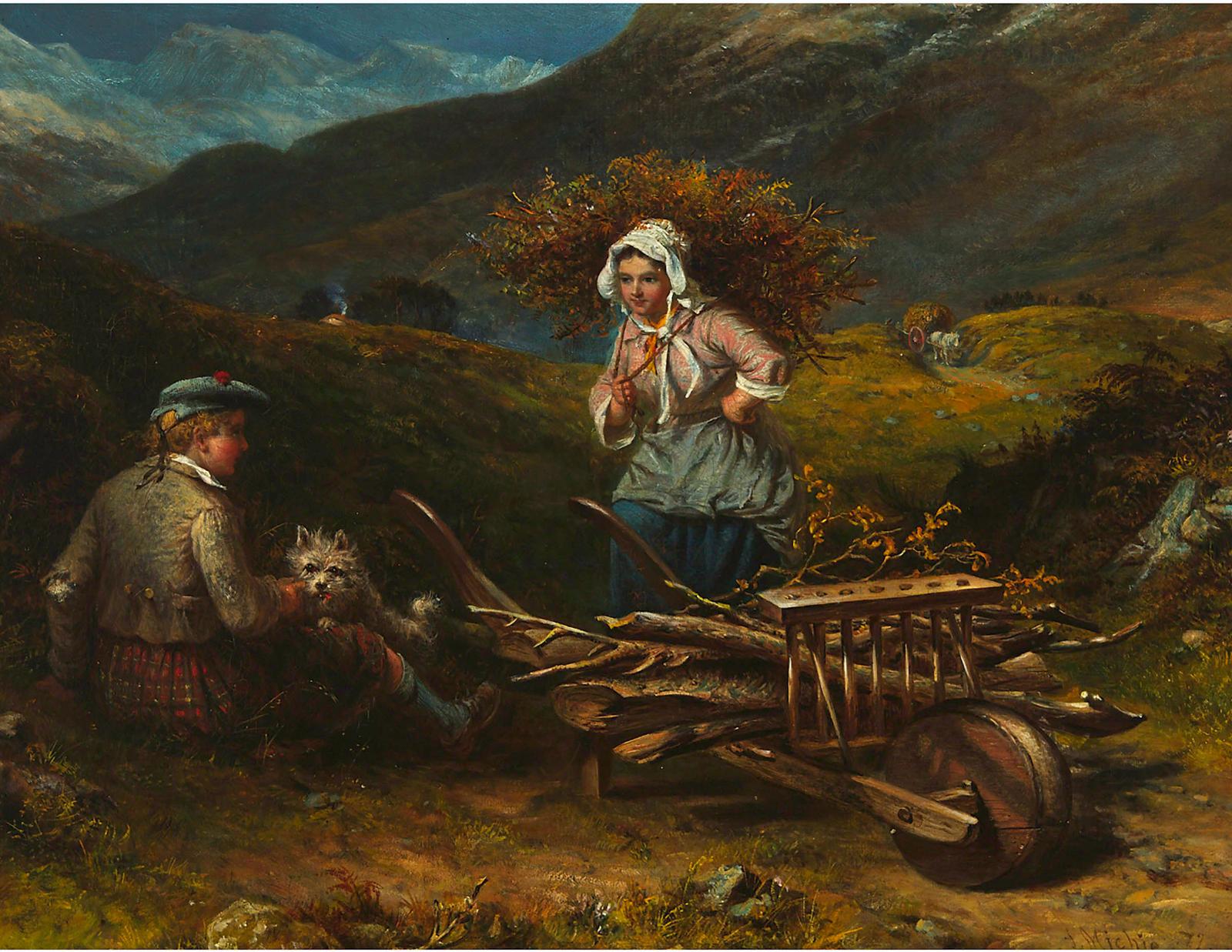 John Douglas Michie (1864-1892) - Young Wood Gatherers And Their West Highland Terrier In The Hills, 1872