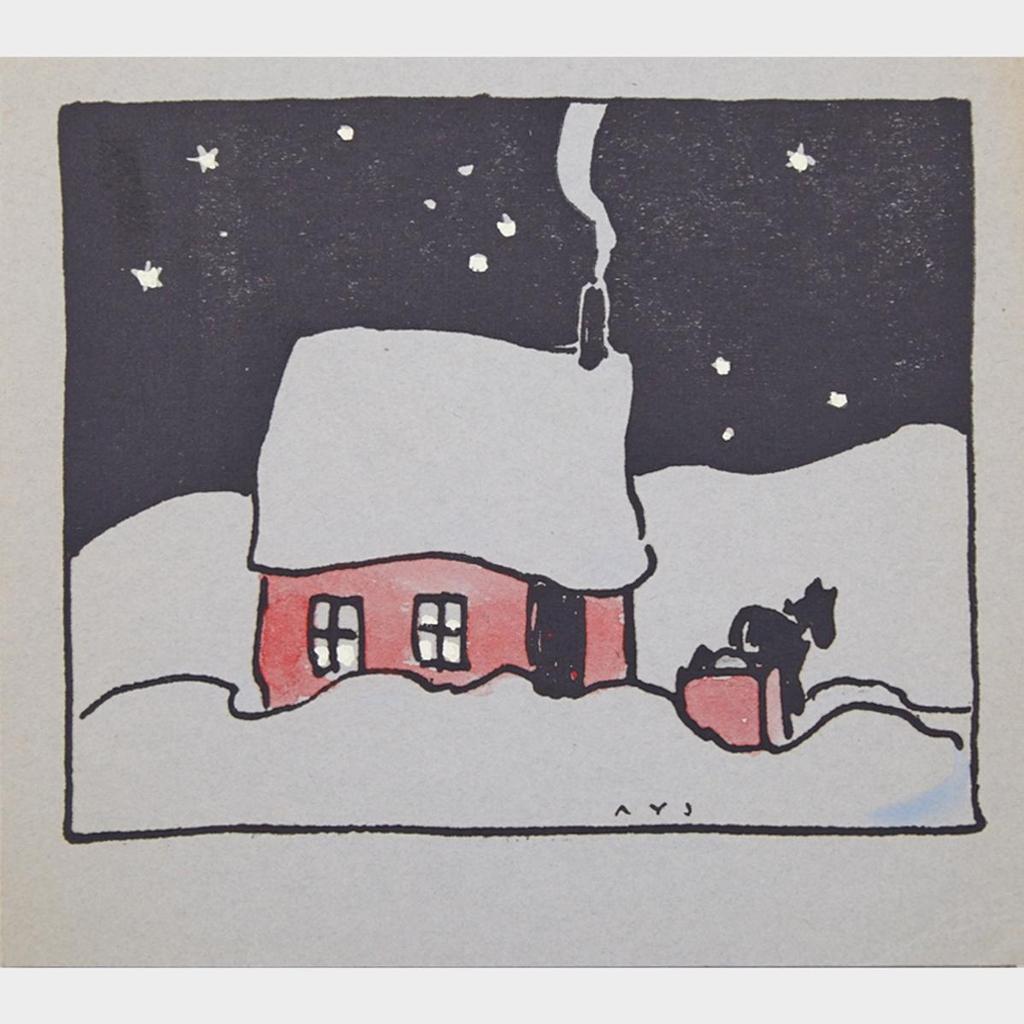 Alexander Young (A. Y.) Jackson (1882-1974) - Holiday Greeting Card: A Snowy Winter Evening With Starry Sky, Cabin And Sleigh