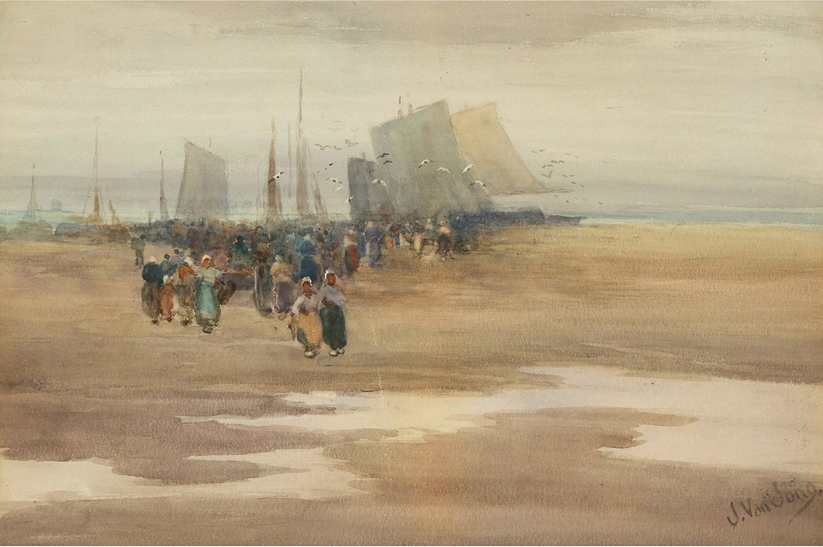 Jan de Jong (1863) - Fisherfolk On A Beach
