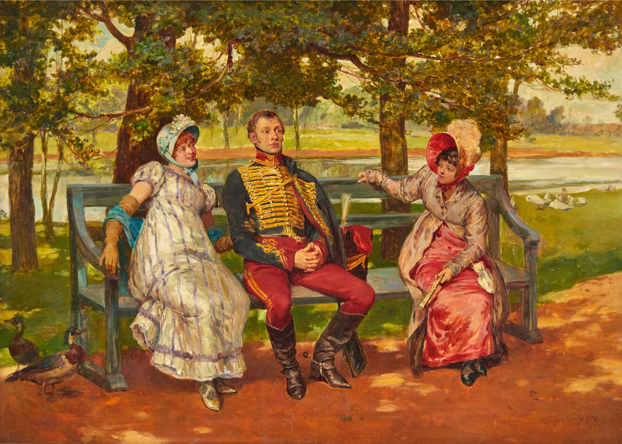 Henry Gillard Glindoni (1852-1913) - Soldier And Two Girls On A Park Bench