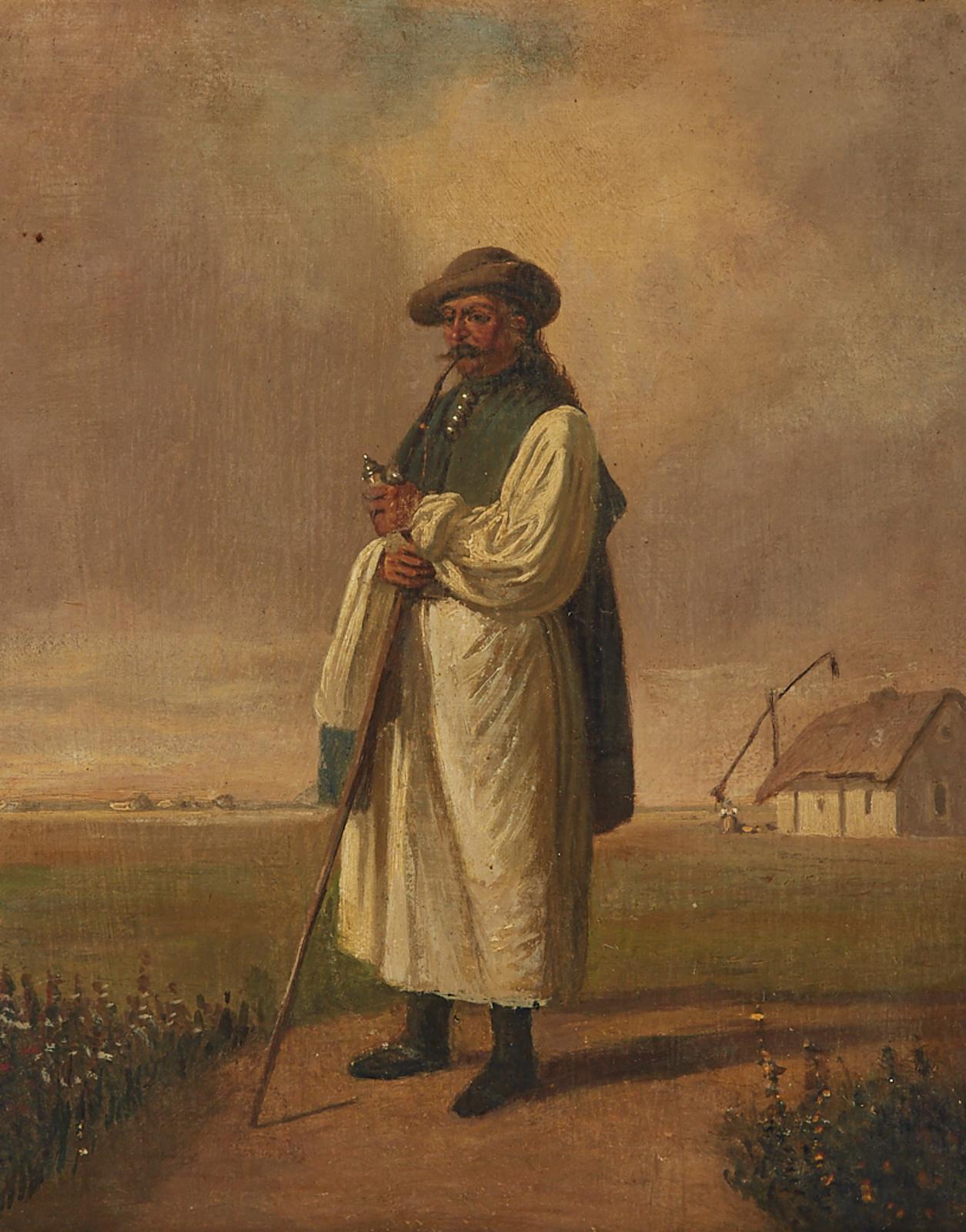 Géza Peske (1859-1934) - Hungarian Farmer Standing In A Field Near The Well