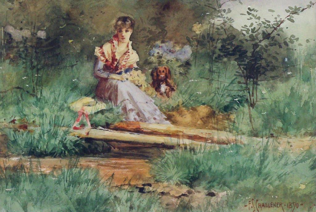 Frederick Sproston Challener (1869-1958) - A Woman And Her Dog In A Wooded Scene; 1890
