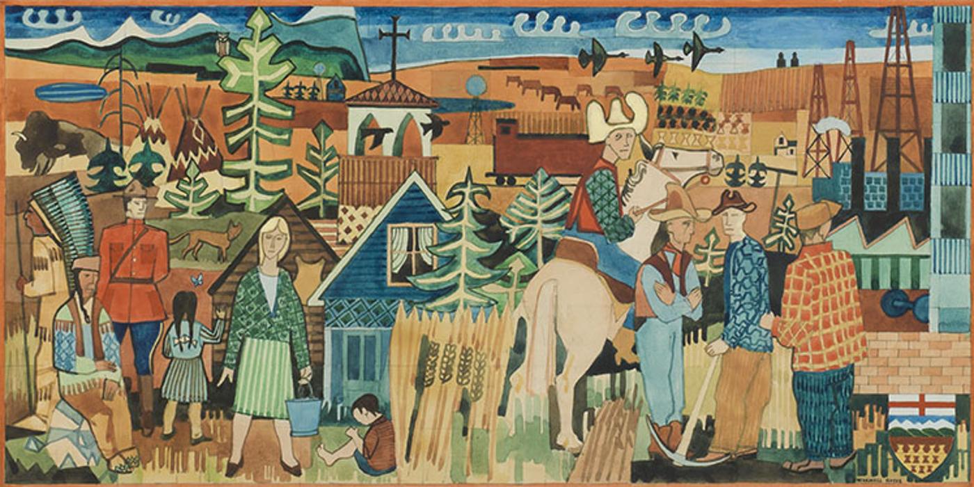 Maxwell Bennett Bates (1906-1980) - History of Alberta (Sketch for Calgary Airport Mural)