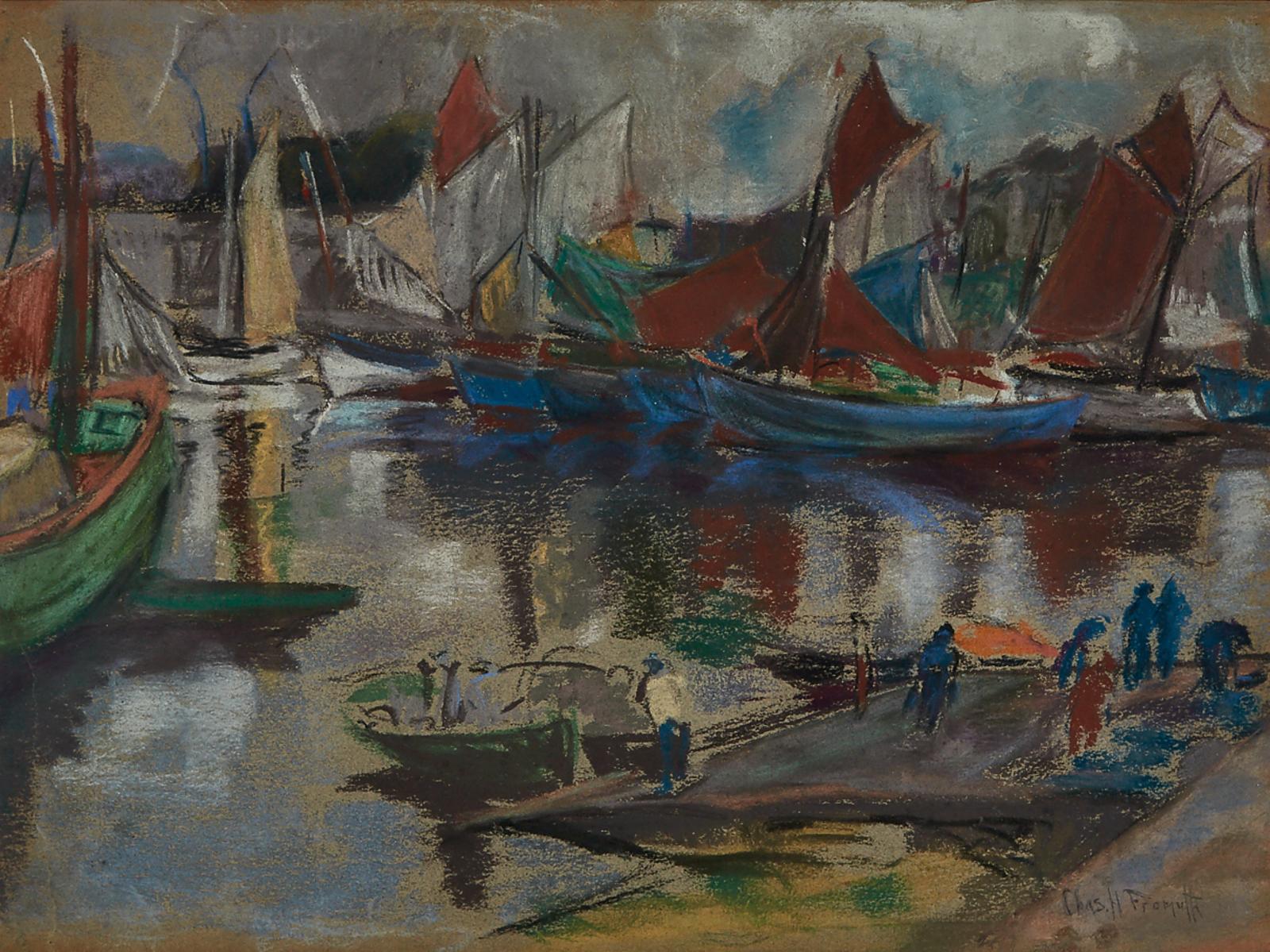 Charles Henry Fromuth (1861-1937) - Sailboats In A Harbour With Workmen On Deck, Concarneau