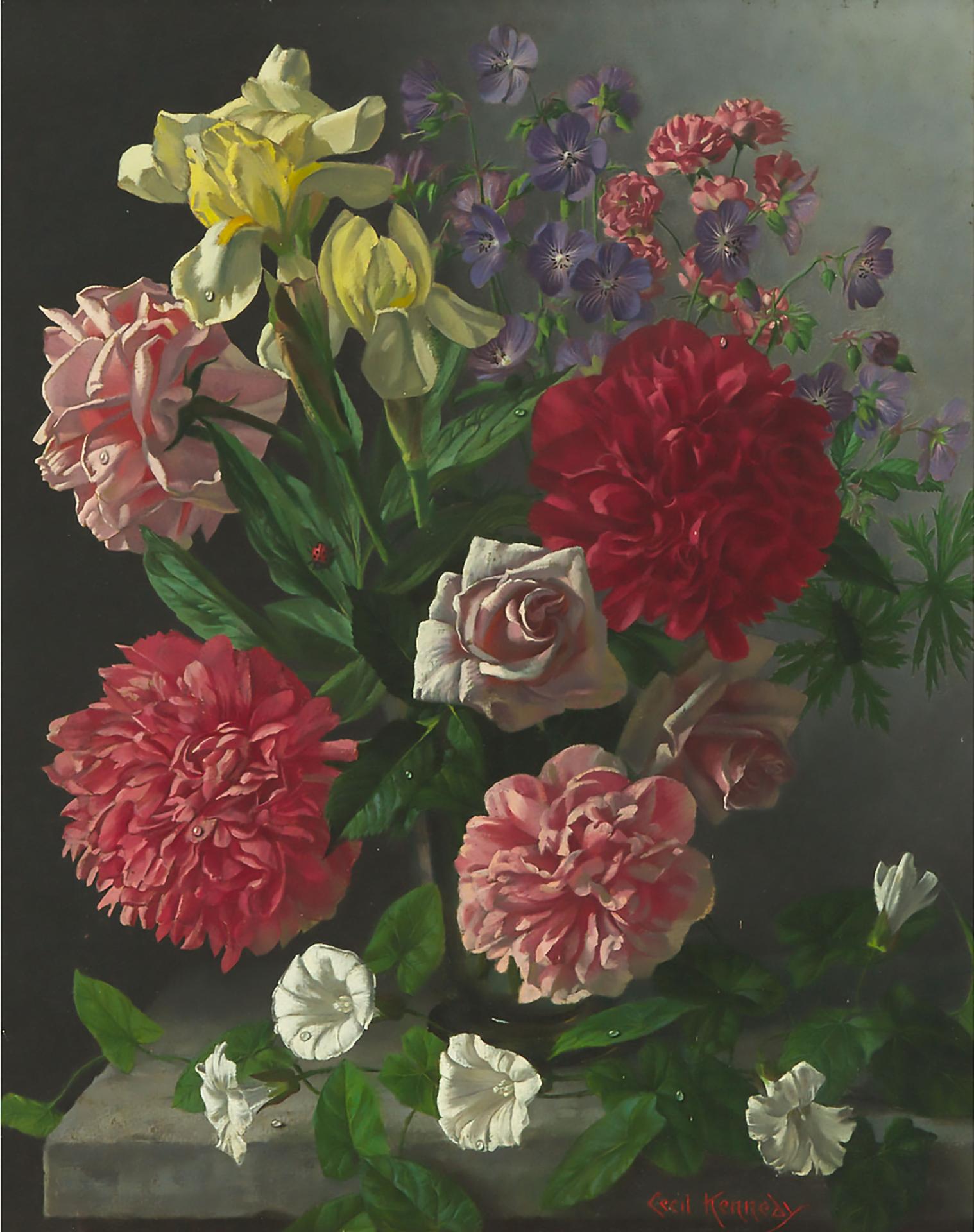 Cecil Kennedy (1905) - Vase Of Morning Glories, Roses, Daffodils, Peonies, Geraniums And Violas With Dew Droplets And A Ladybug