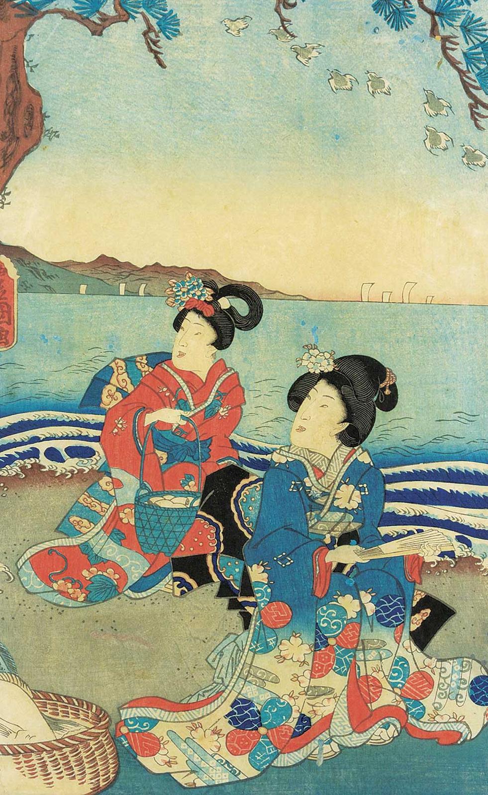 Toyokuni III Kunisada - Noble Woman with Her Maid at Seashore