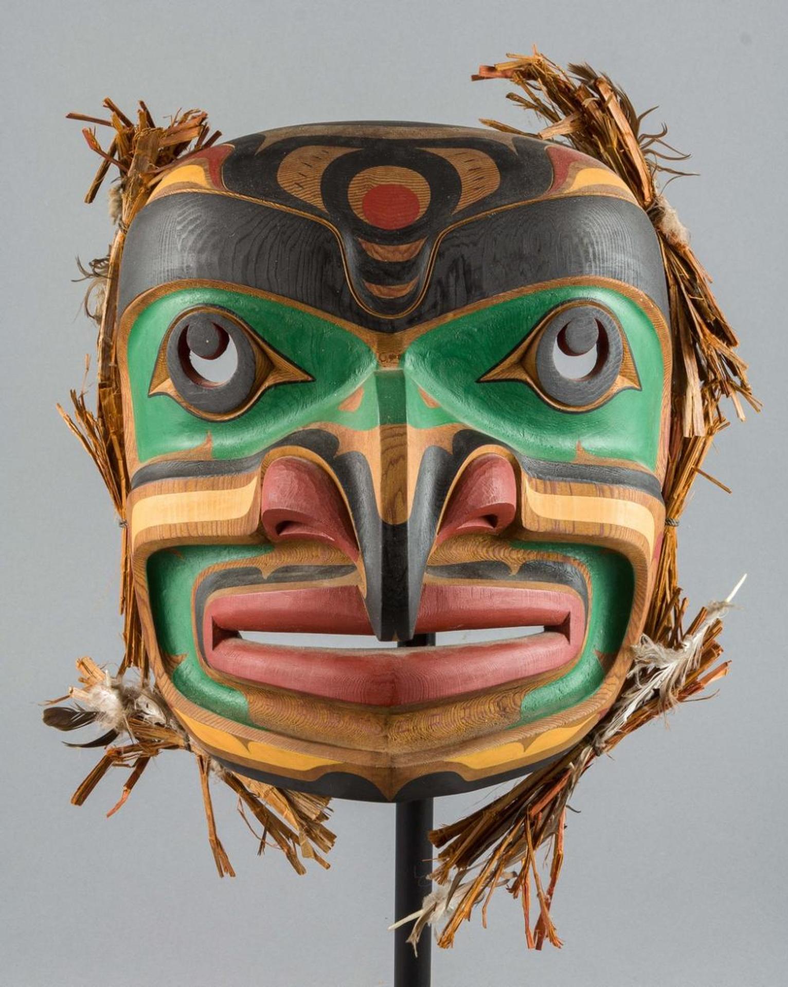 Tom Hunt - a carved and polychromed red cedar Kwakiutl Hawk man mask
