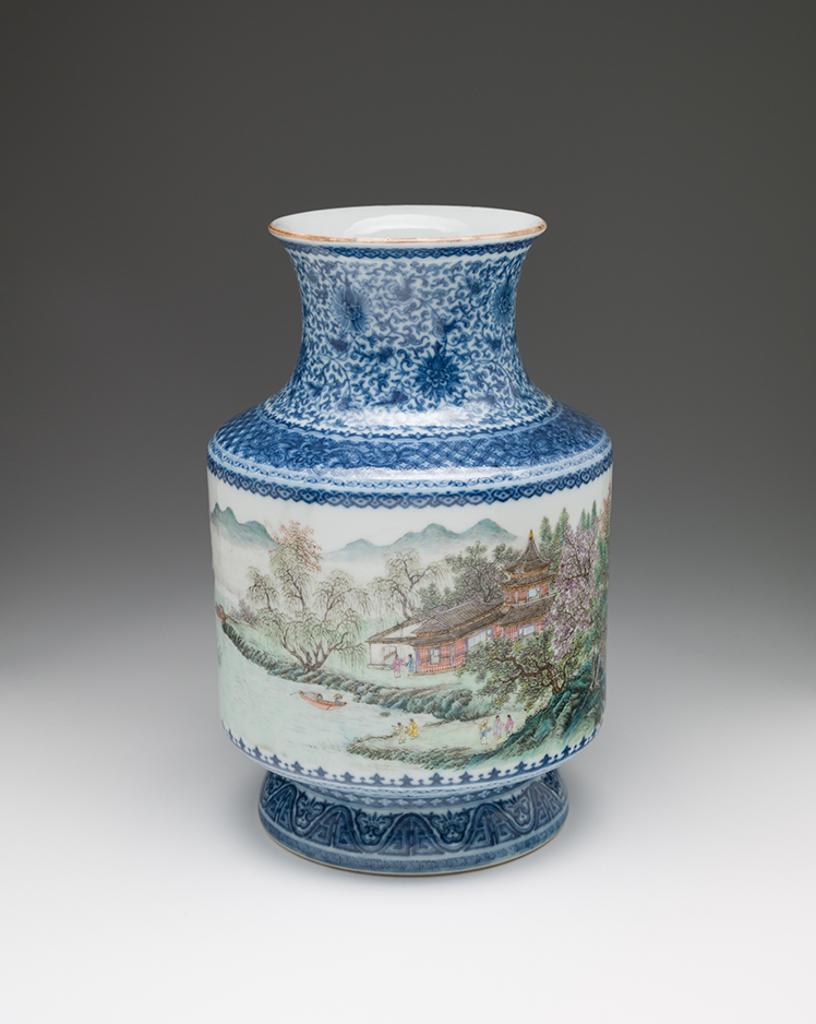 Chinese Art - A Chinese Blue, White and Famille Rose 'Landscape' Lantern Vase, Qianlong Mark, Republican Period (1911-1949)