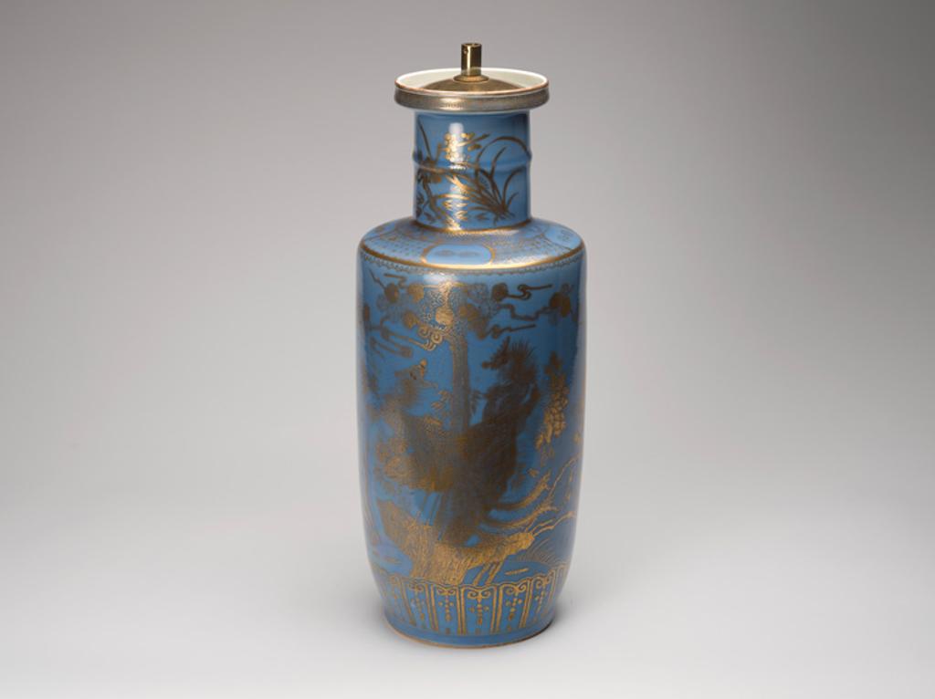 Chinese Art - A Chinese Gilt-Decorated Blue Ground Rouleau Vase Converted to Lamp, Late Qing Dynasty