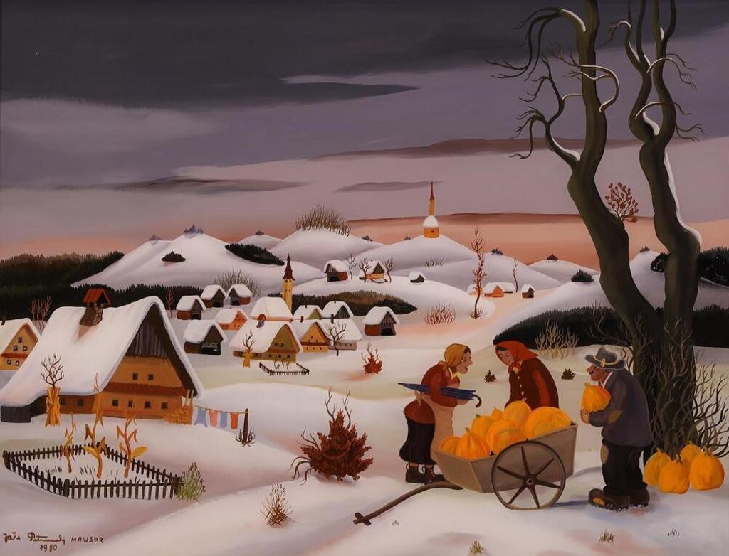 Joze Peternelj-Mausar (1927-2013) - Winter Village Scene With Pumpkin Seller; 1980