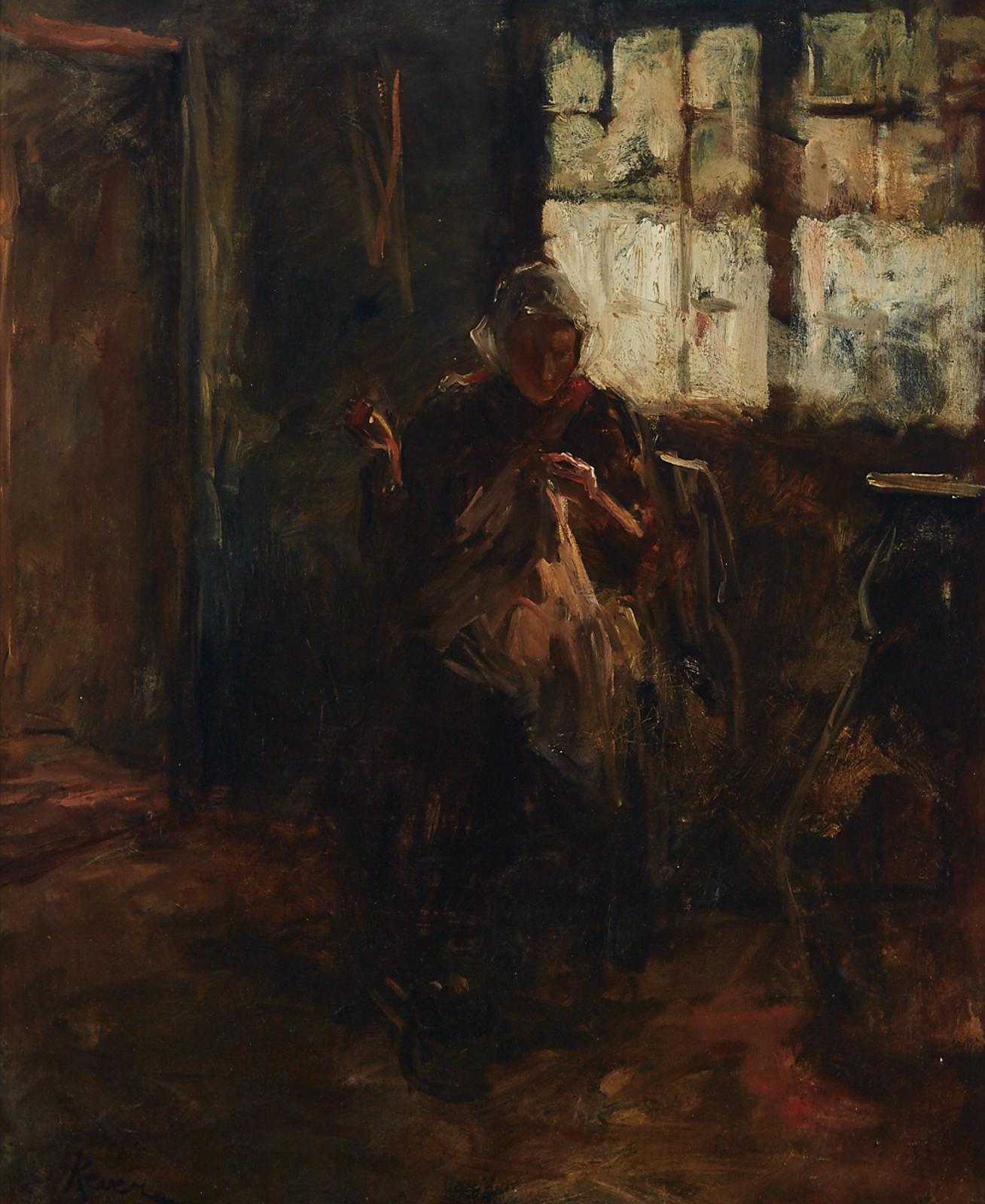 Jacob Simon Hendrik Kever (1854-1922) - Mother Mending By The Window