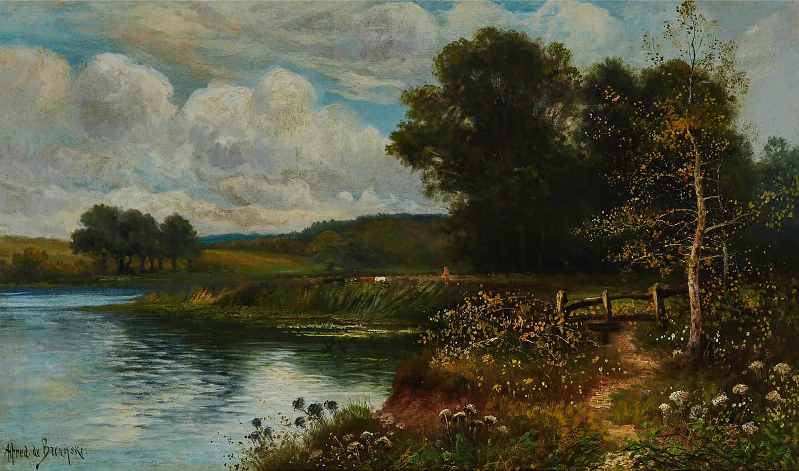 Alfred de Breanski Snr (1852-1928) - River Landscape With Rail Fence And Herd Of Cattle In The Field
