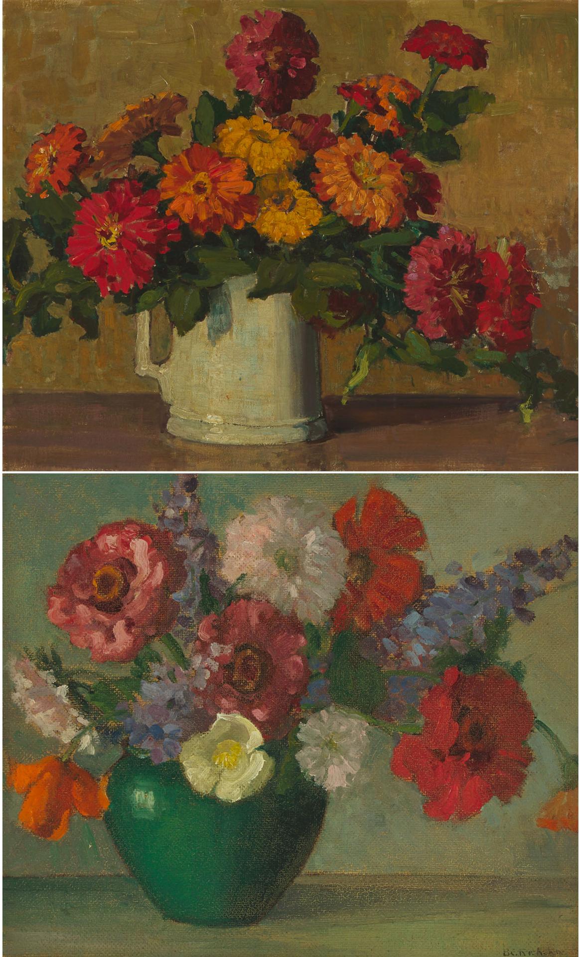 Belle C. Richstone (1930) - Zinnias In A White Pitcher; Mixed Flowers In A Green Vase