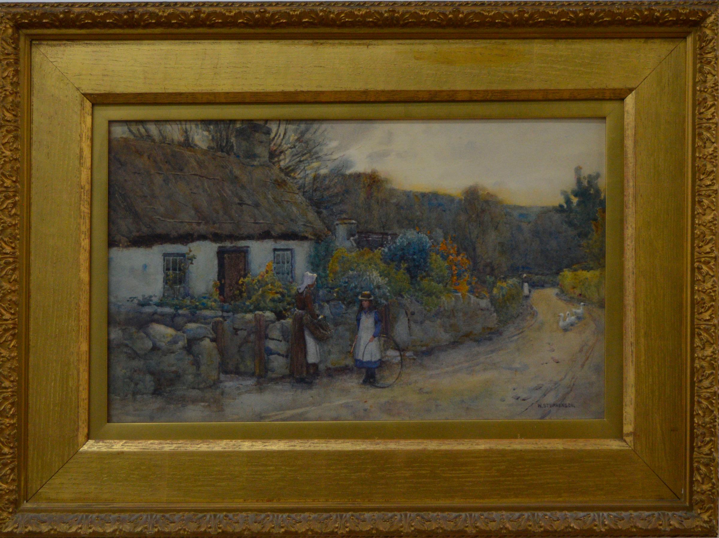 Willie Stephenson (1857-1938) - personnages et oies sur un chemin prés d'une ferme