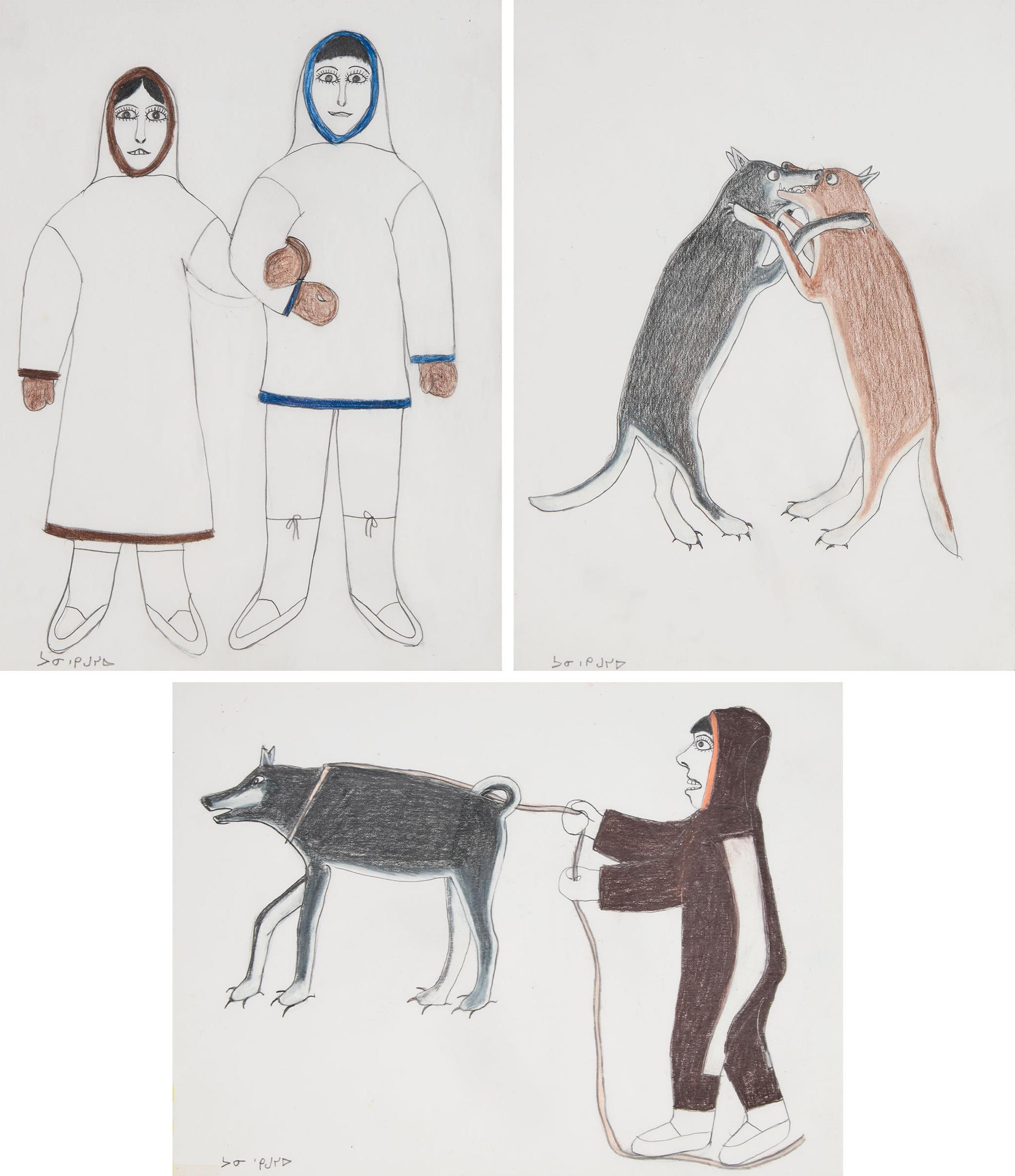 Janet Kigusiuq (1926-2005) - Three Untitled Works (Inuit Couple, Man With Dog, Two Dogs Fighting)