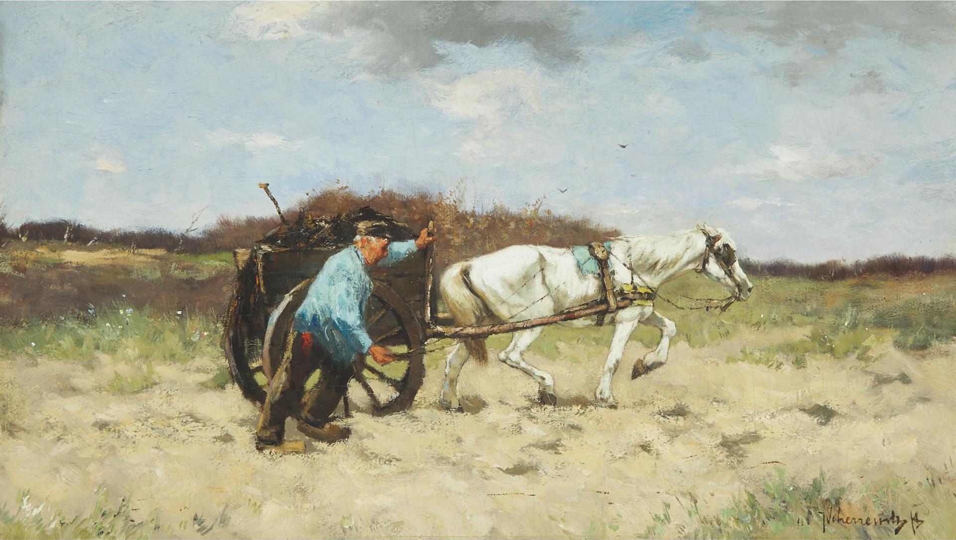 Johan Frederik Cornelis Scherrewitz (1868-1951) - Farmer Aids His Horse And Cart Through Sand Dunes