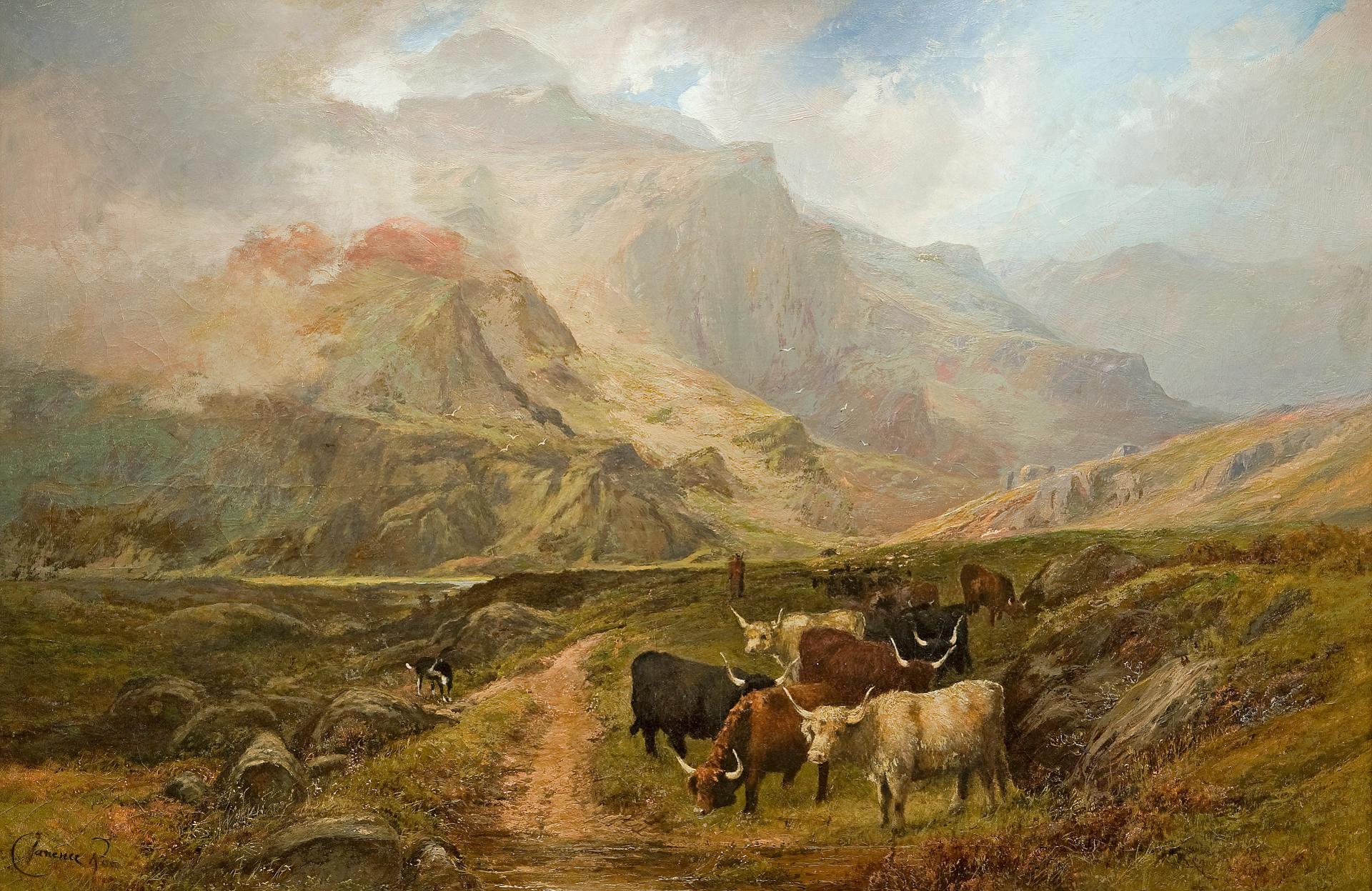 Clarence Henry Roe (1850-1909) - Highland landscape with cattle
