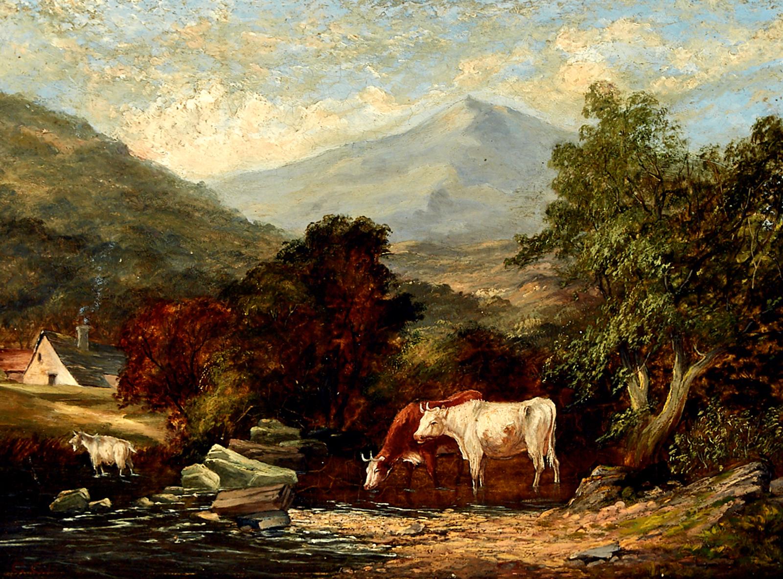 George Vicat Cole (1833-1893) - Cows And Goat At A Watering Hole